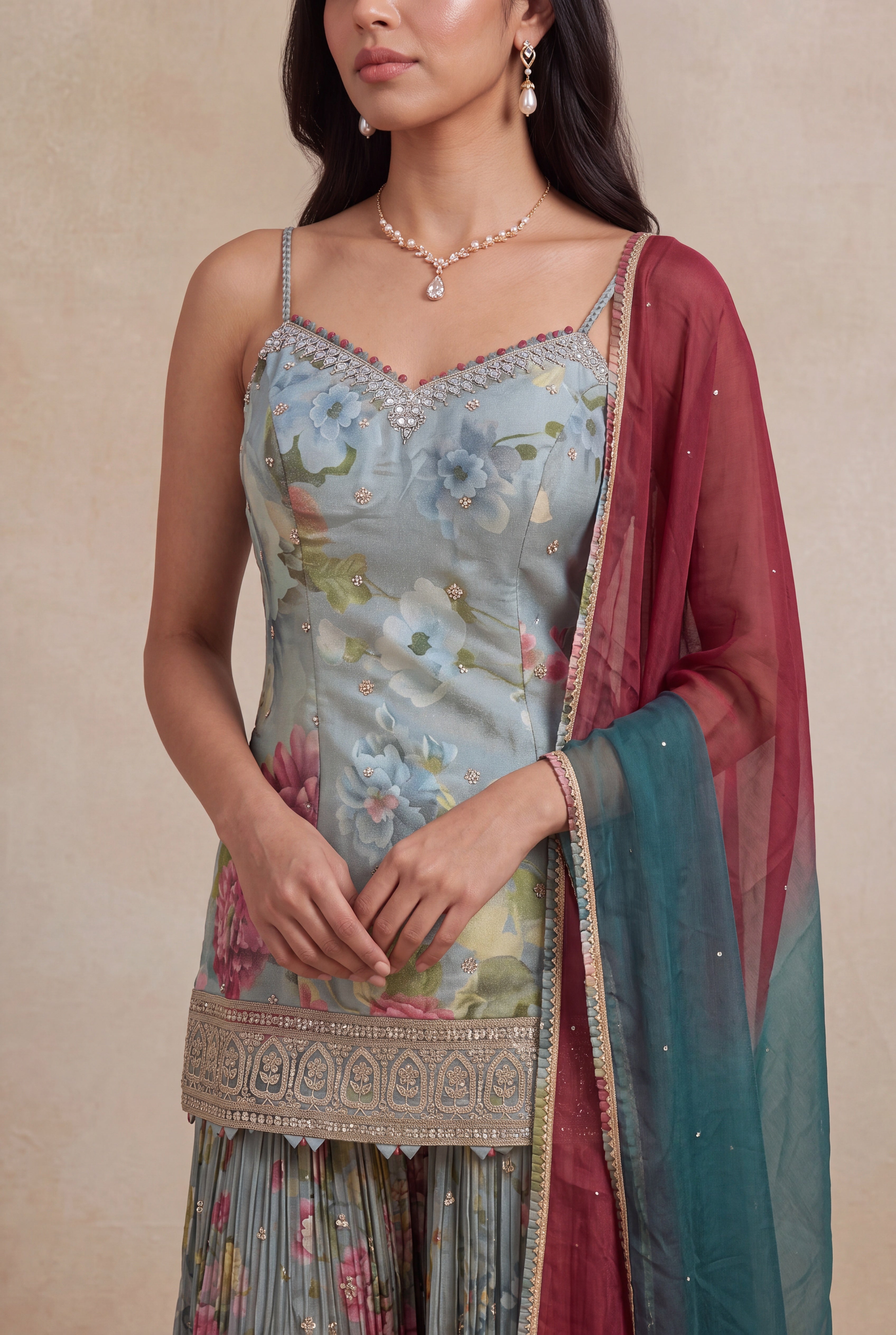 Floral Tissue Indo-Western Sharara Set