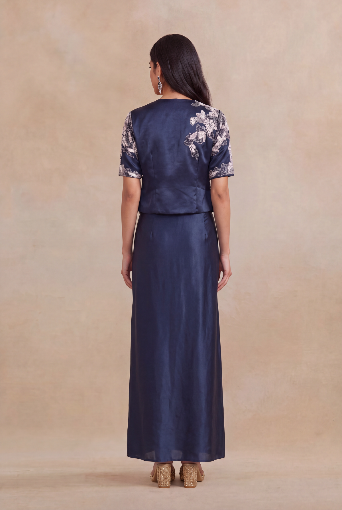 Navy Blue Satin Silk Indo-Western Set