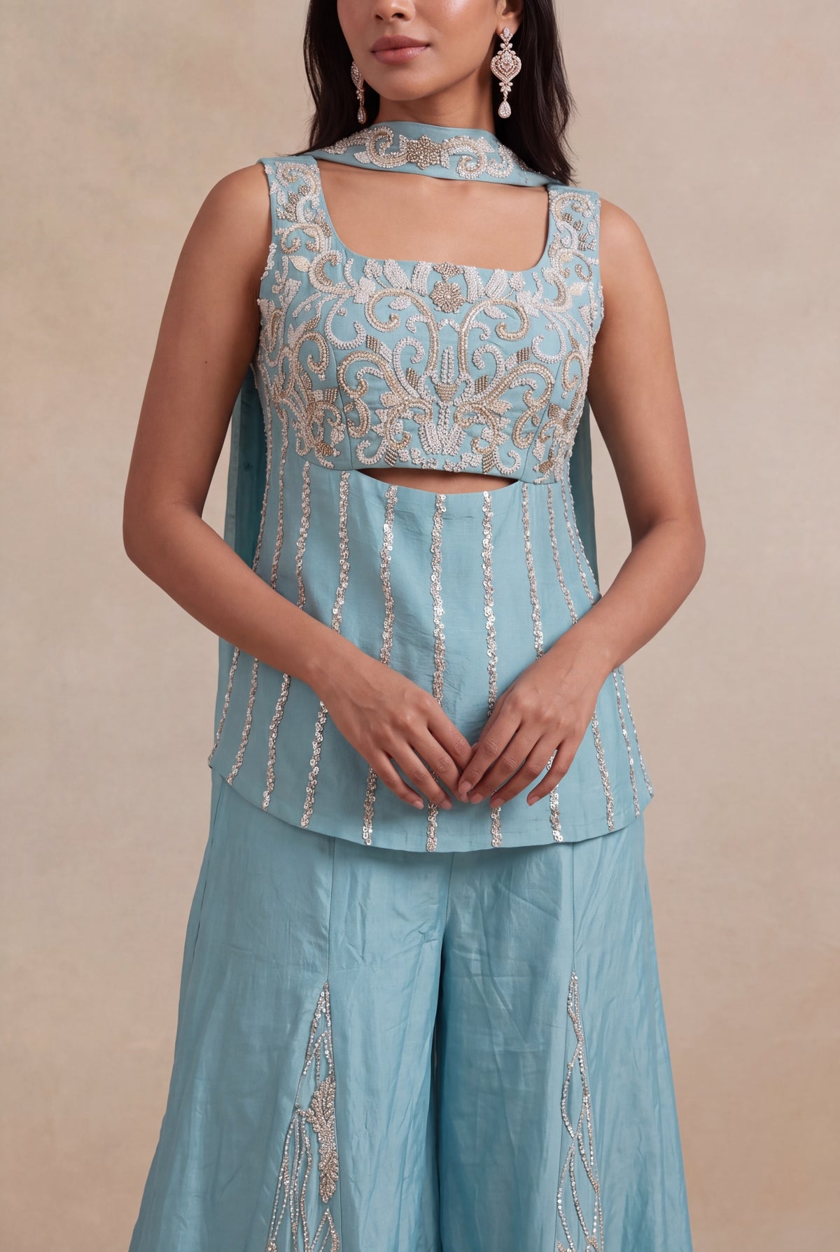 Powder Blue Crepe Palazzo Set with Sequins & Katdana Work