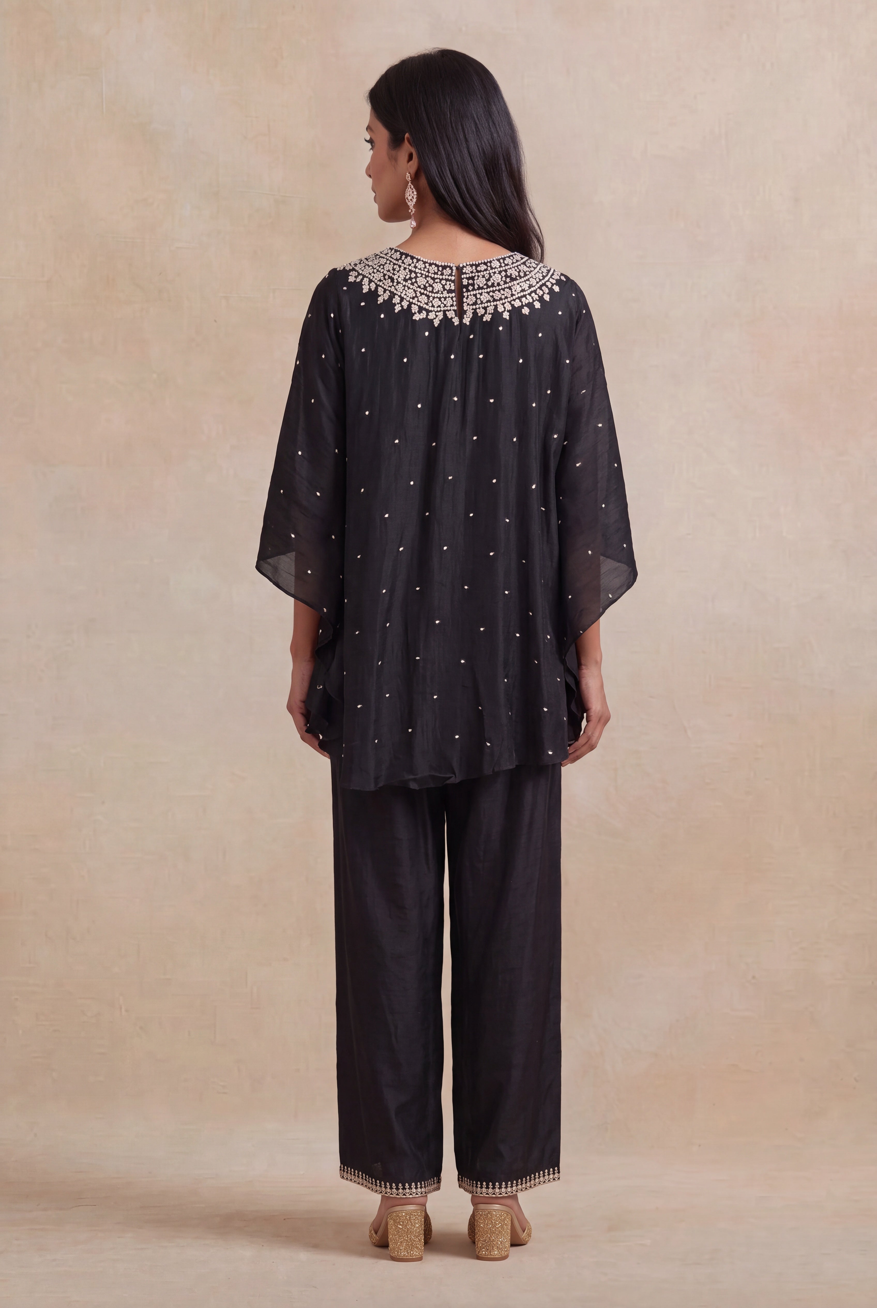 Black Raw Silk Sequin Embroidered Kaftan Co-ord Set
