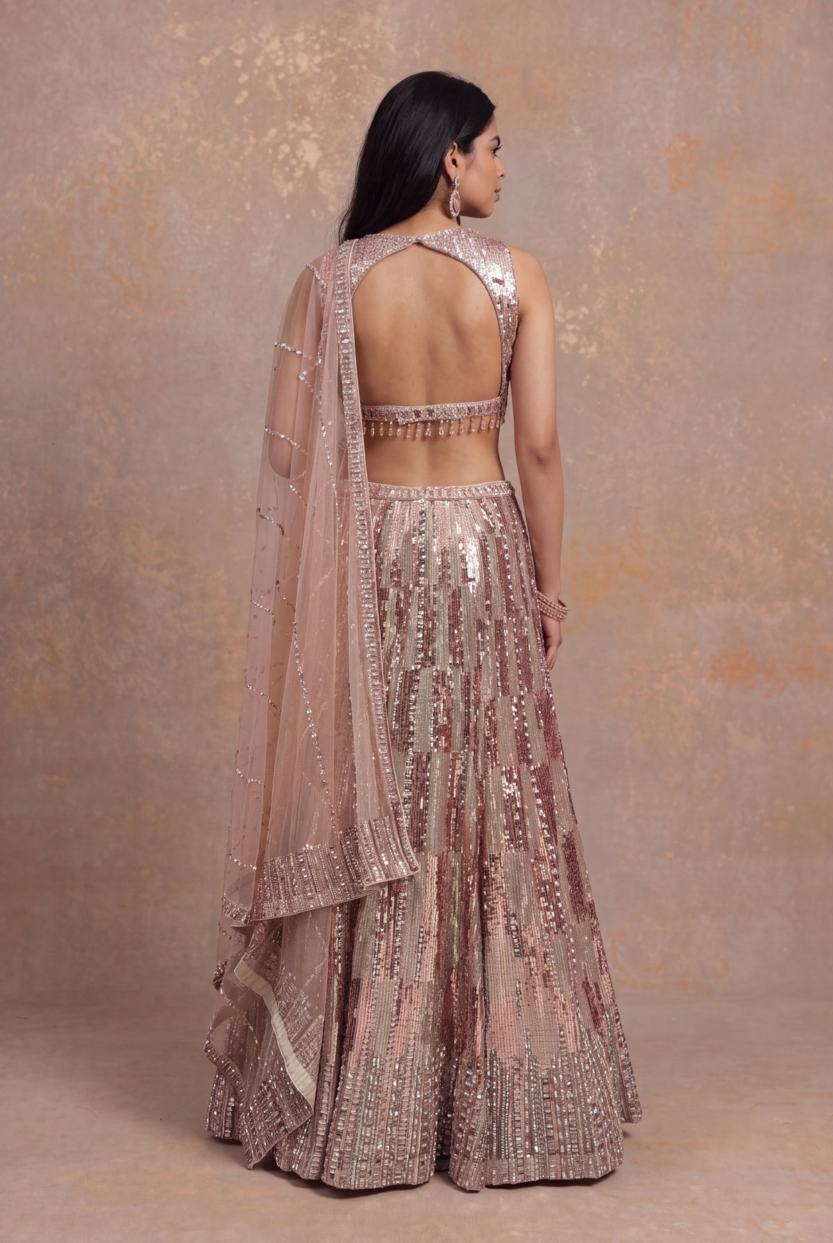 Peach Sequin & Katdana Embellished Net Lehenga
