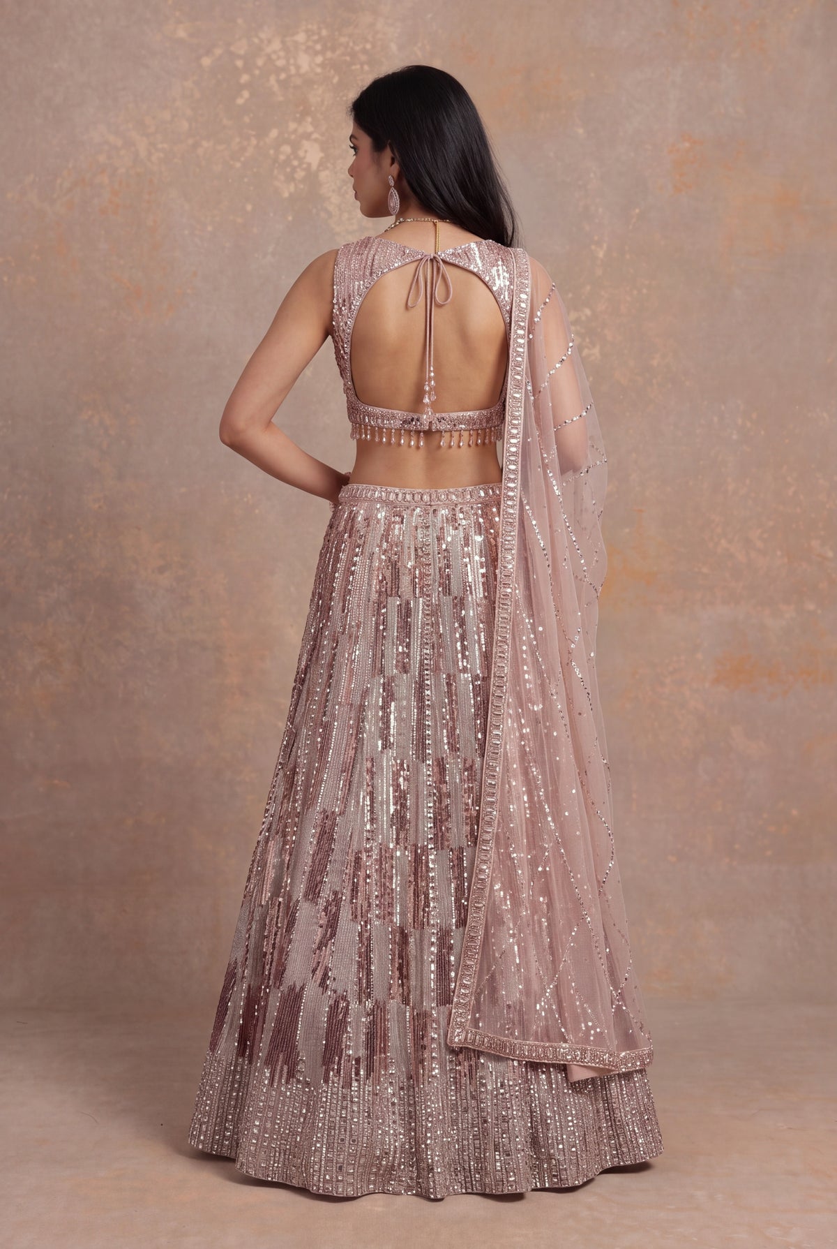 Peach Sequin & Katdana Embellished Net Lehenga