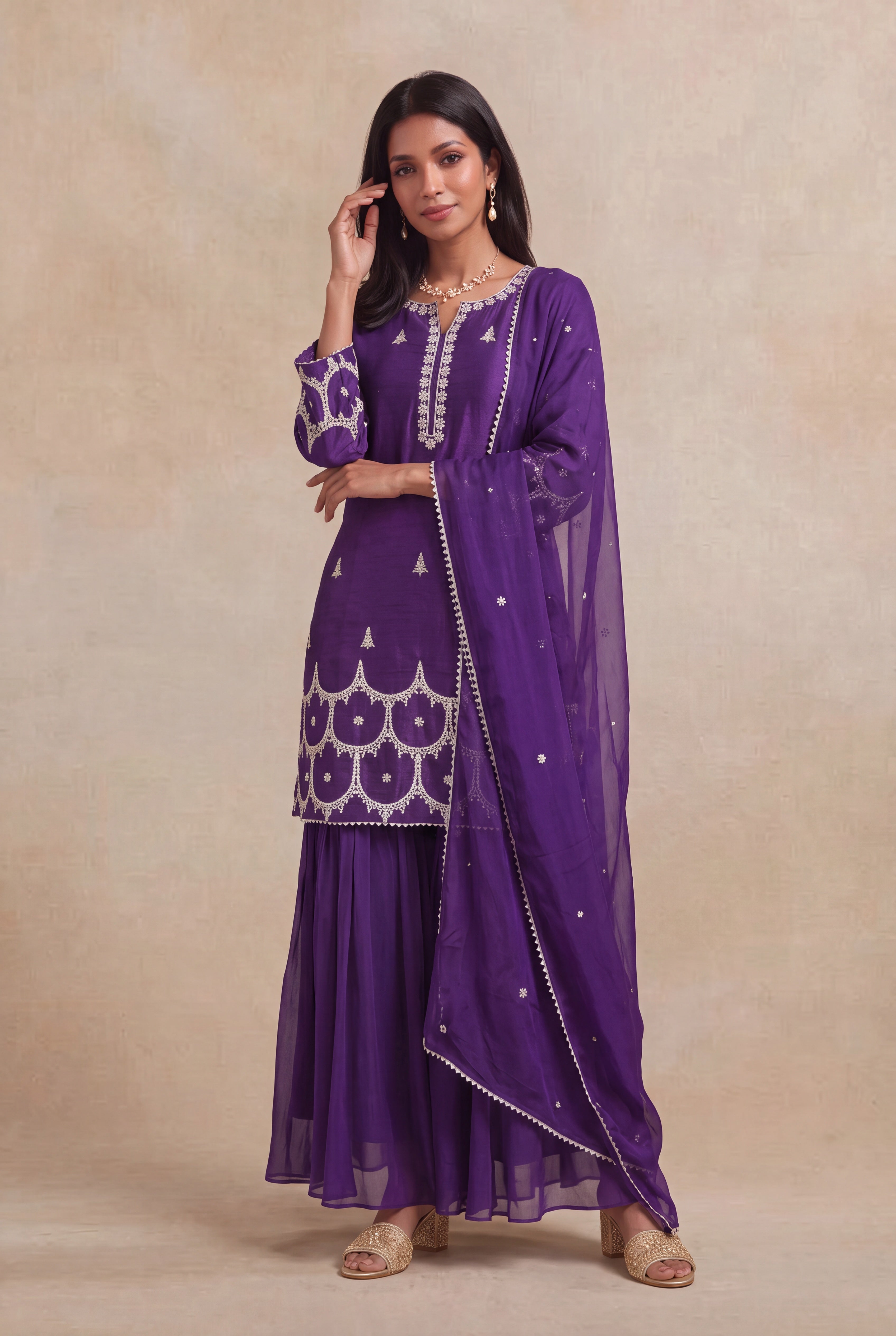 Purple Raw Silk Sharara Set with Zari & Sequin Work