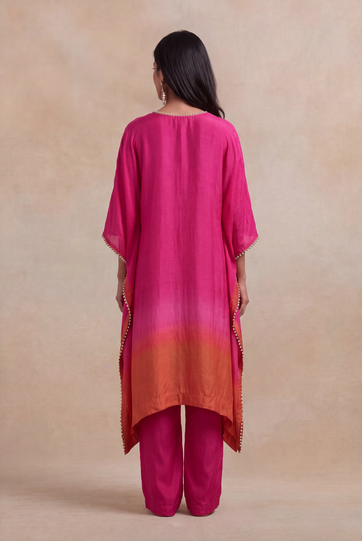 Pink & Orange Raw Silk Embellished Kaftan Set