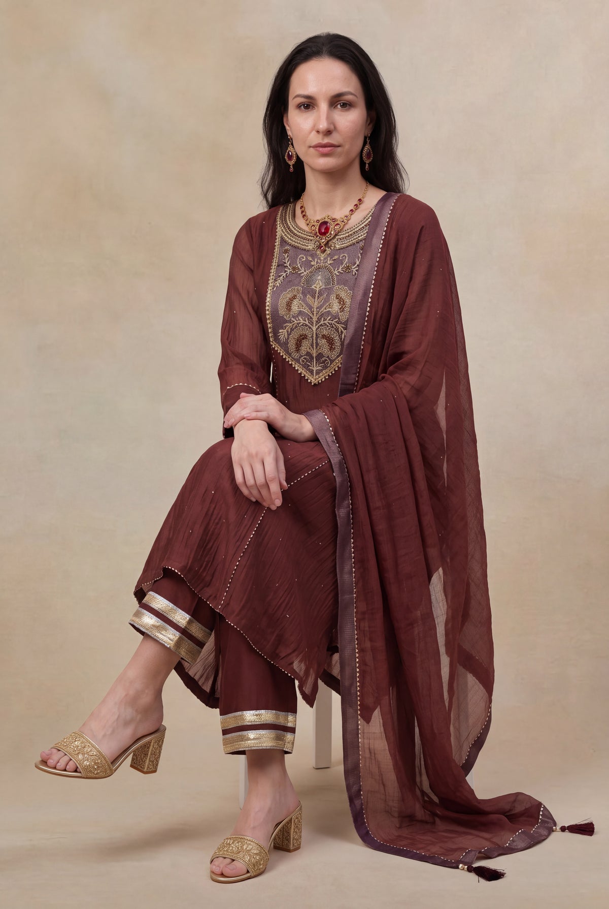 Wine Mul Cotton Zardosi A-Line Salwar Set