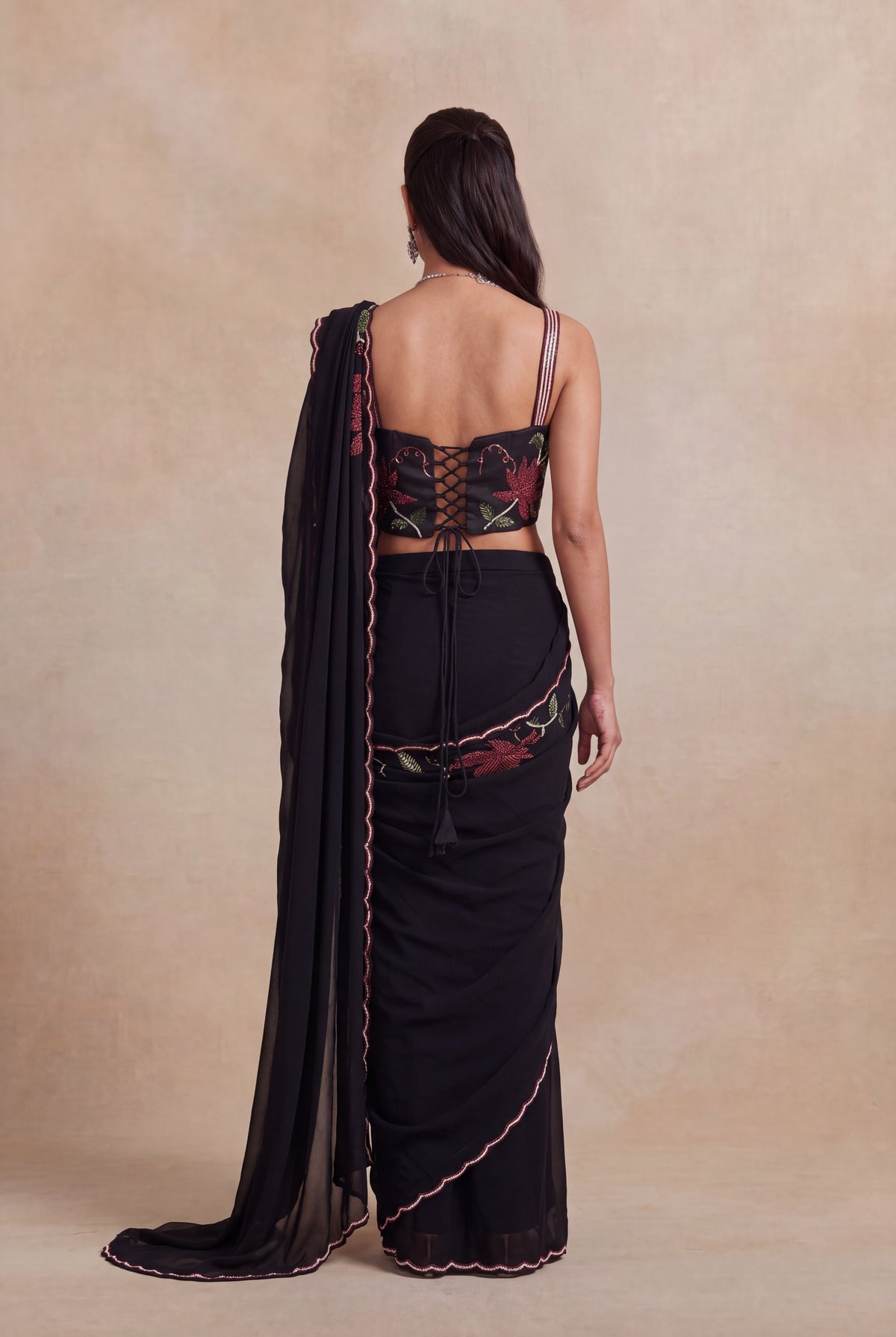 Black Georgette Draped Saree with Floral Sequin Work - Mokshaa
