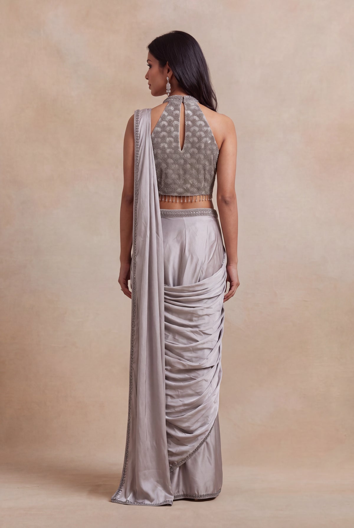 Silver Grey Satin Silk Ready-to-Wear Saree with Embellished Blouse