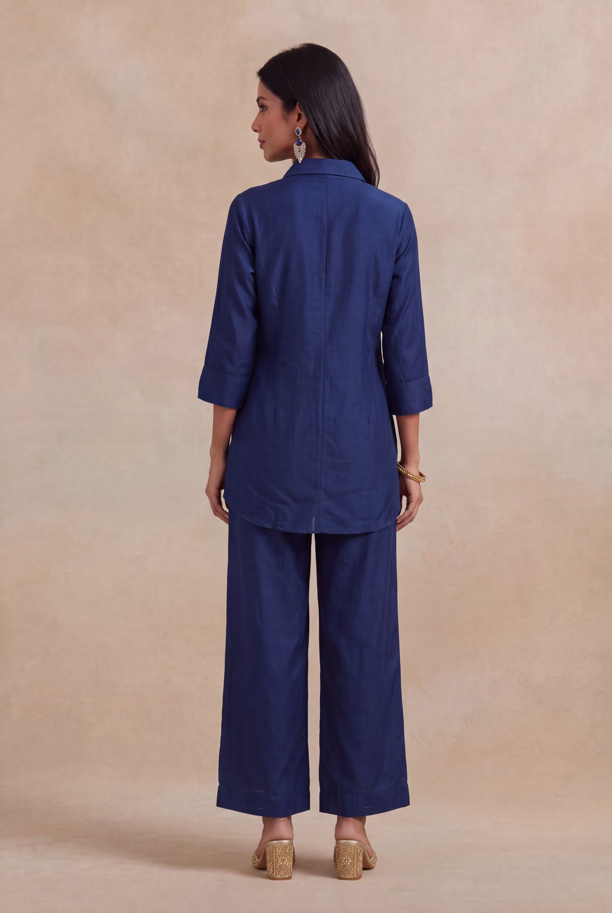 Navy Blue Silk Co-ord Set with Multicolour Embroidery
