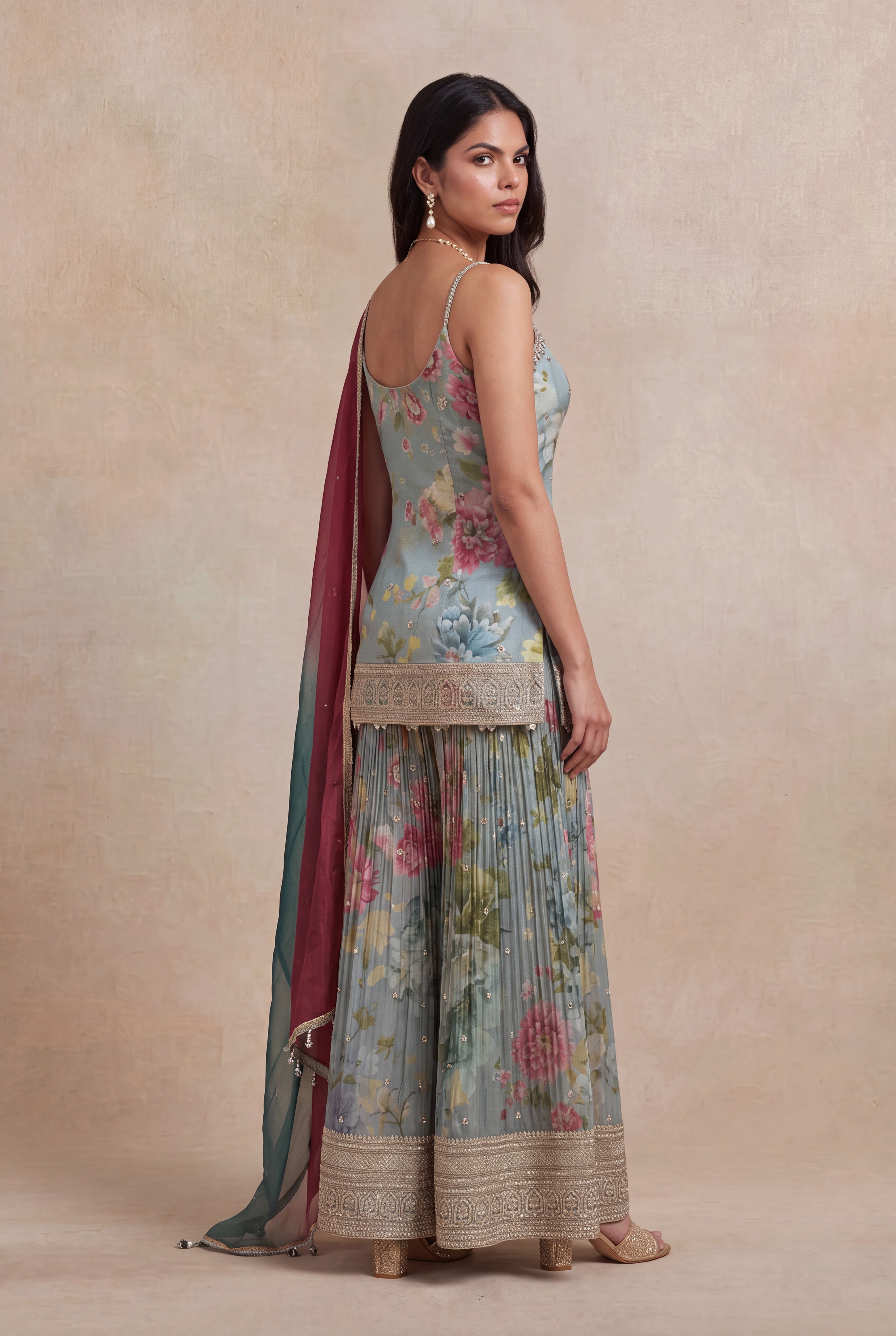 Floral Tissue Indo-Western Sharara Set