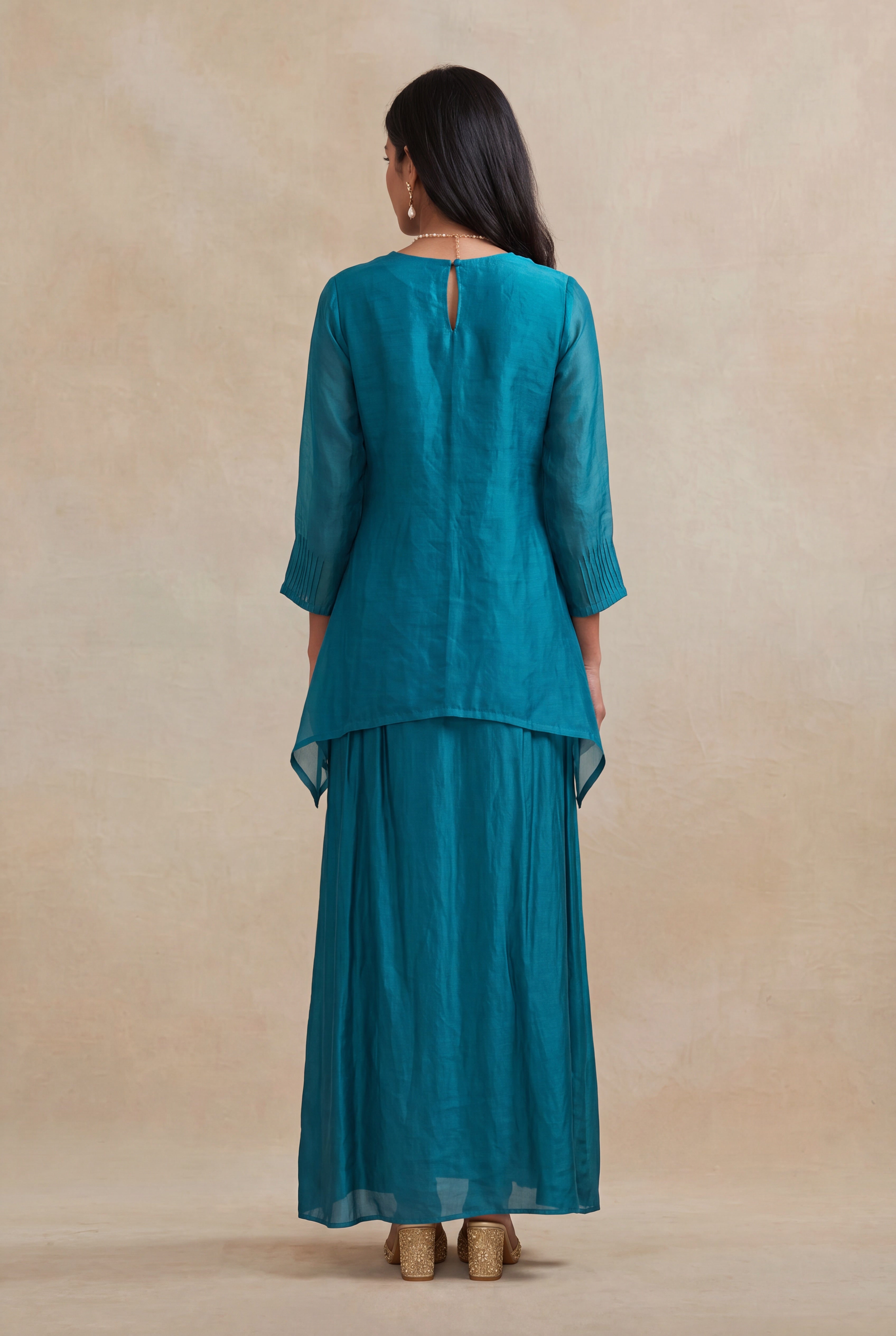 Teal Blue Organza Indo-Western Co-Ord Set