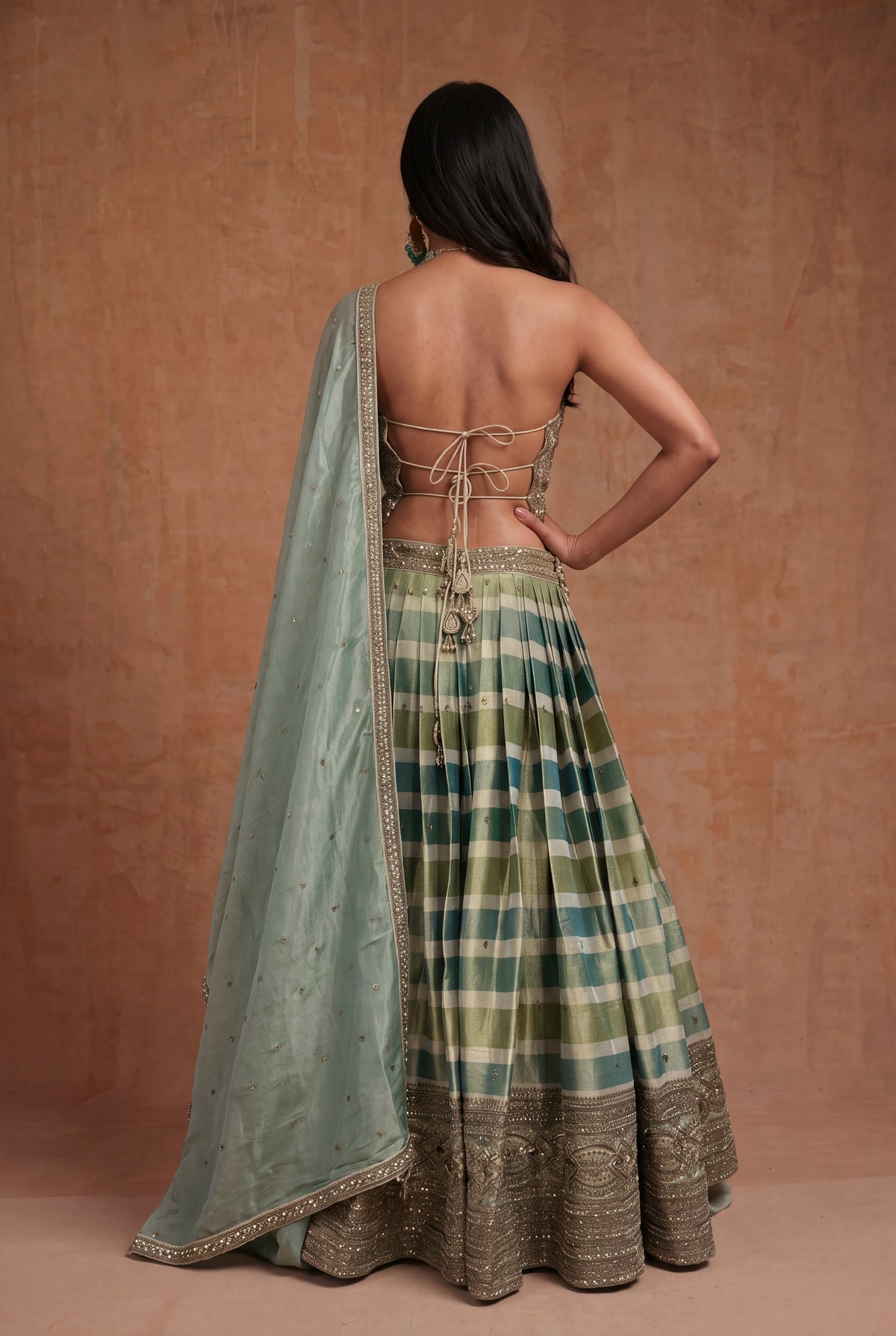Sage Green Checked Tissue Lehenga