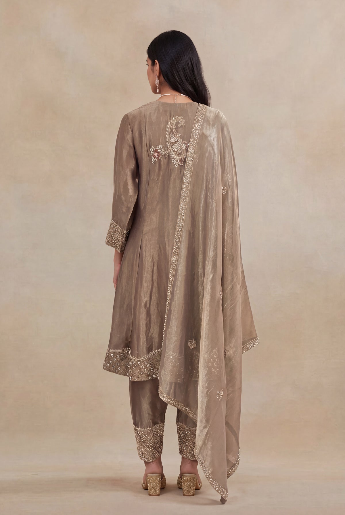 Mocha Taupe Pure Tissue Silk Indo Western Kurta Set with Zardozi Embroidery