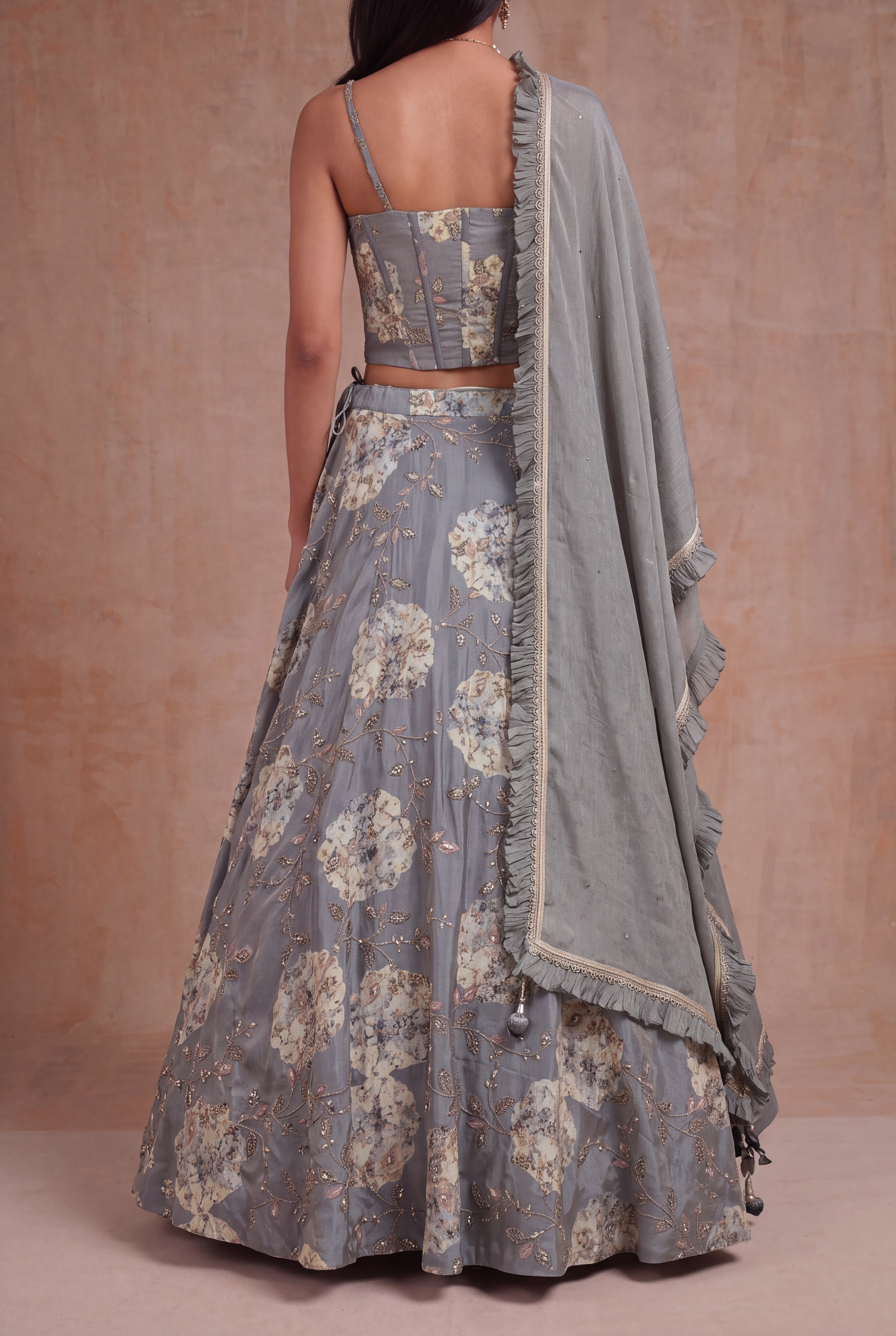 Grey Tissue Silk Floral Lehenga with Zari Work