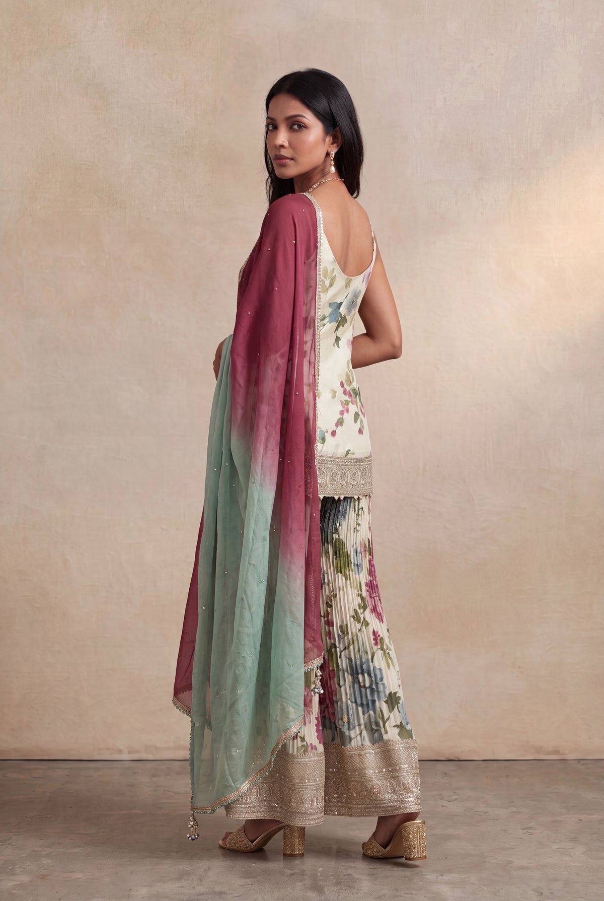 Ivory Floral Printed Tissue Sharara Set with Zari Border