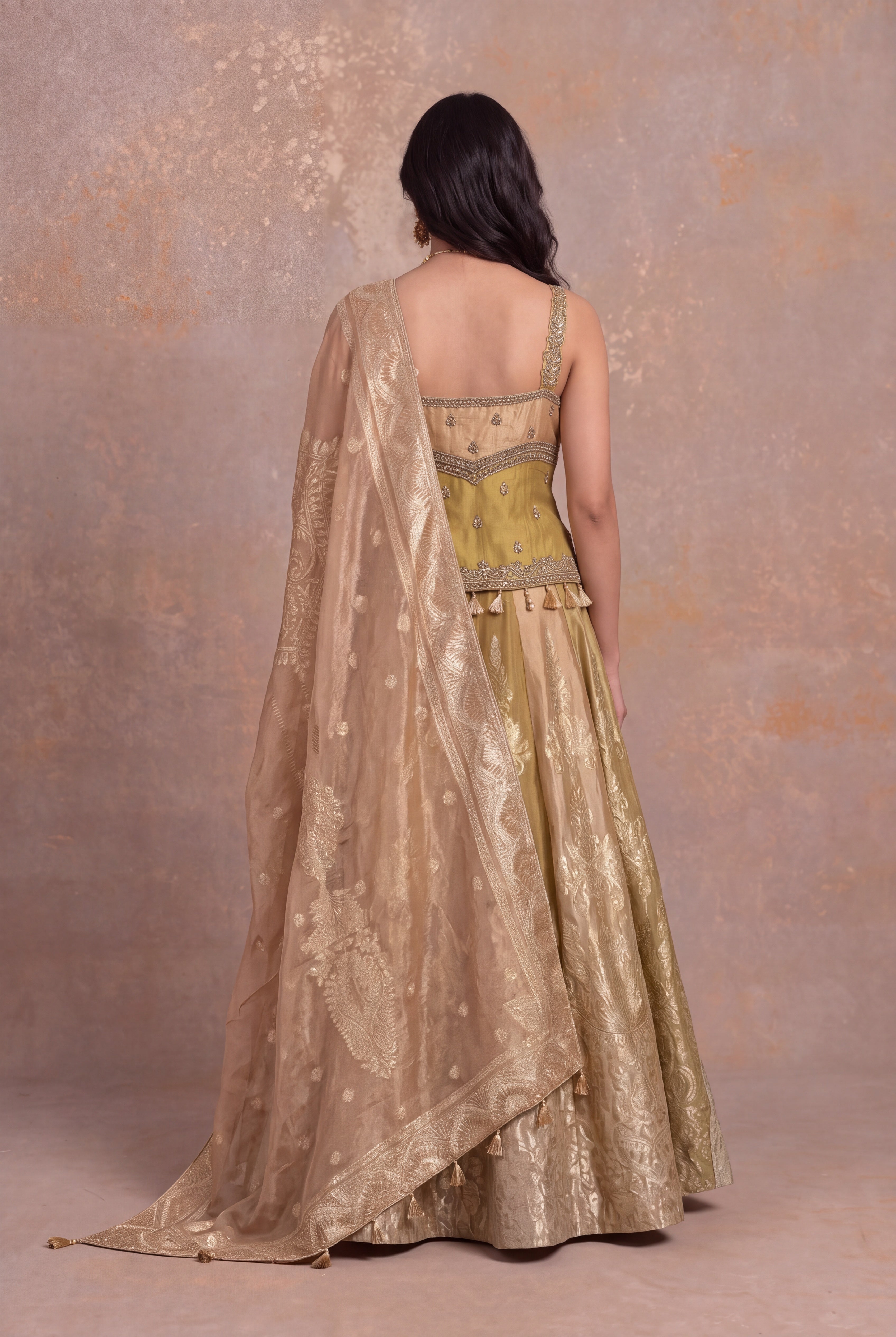 Gold Banarasi Tissue Lehenga with Zardosi & Pearl Work