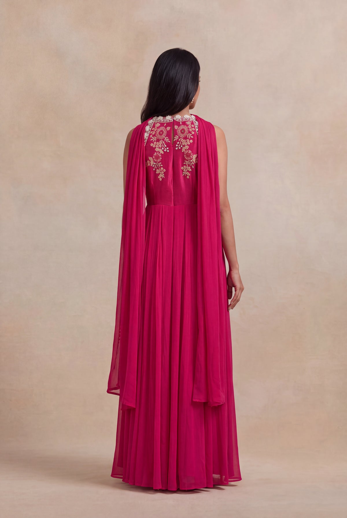 Rani Pink Embroidered Gown with Choker Dupatta