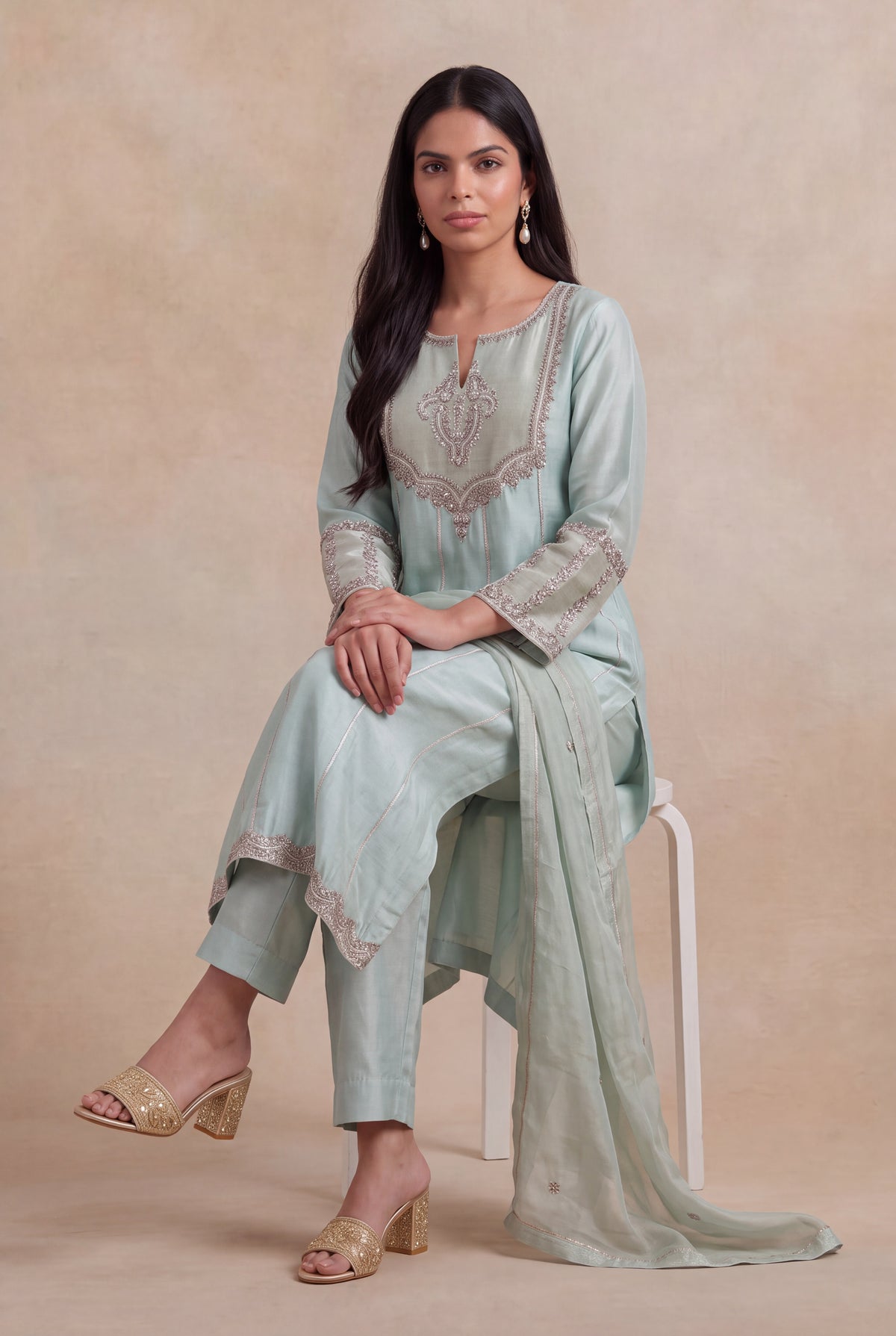 Mint Green Raw Silk A-Line Suit with Zardosi Work - Mokshaa