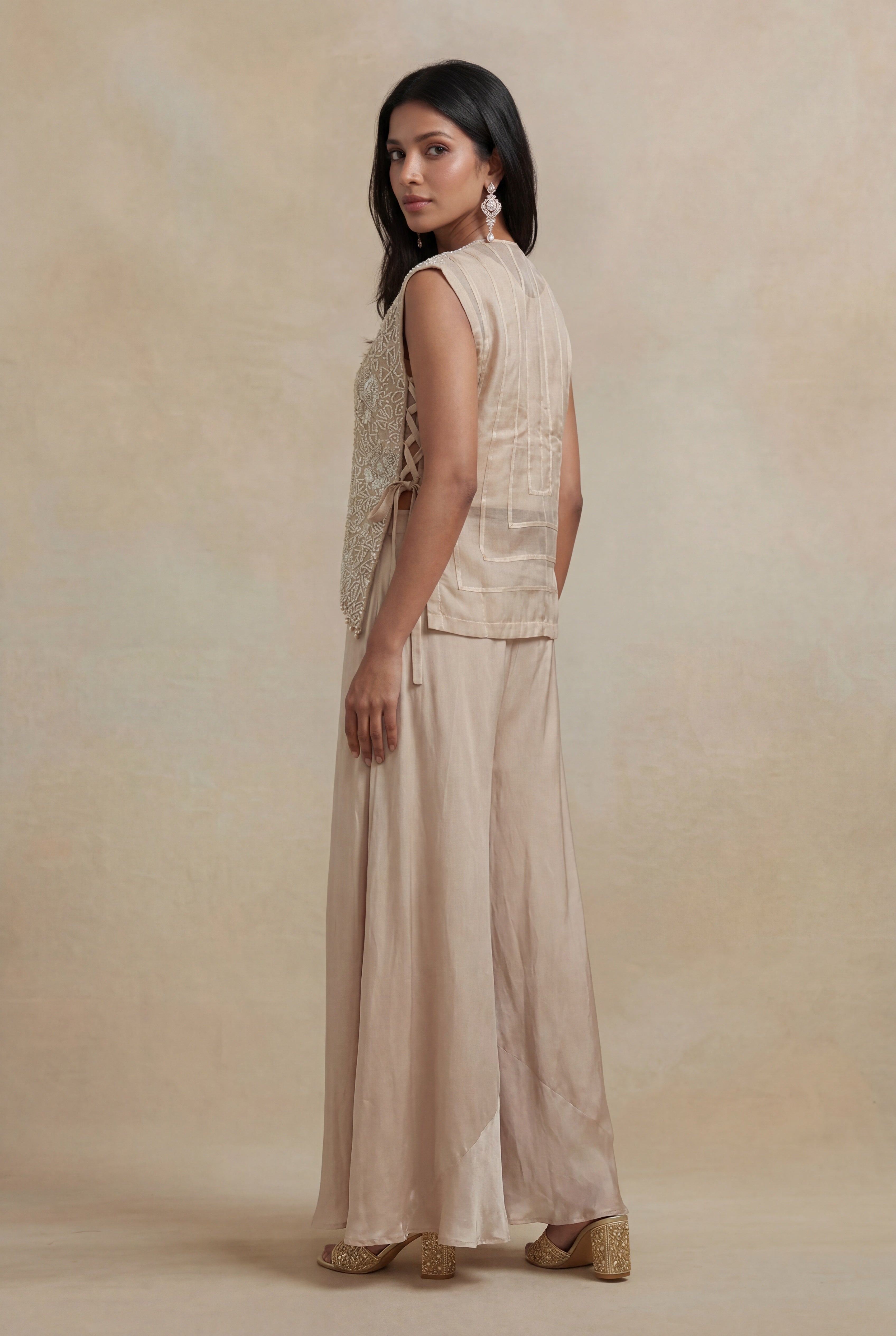 Champagne Beige Organza Indo-Western Co-Ord Set