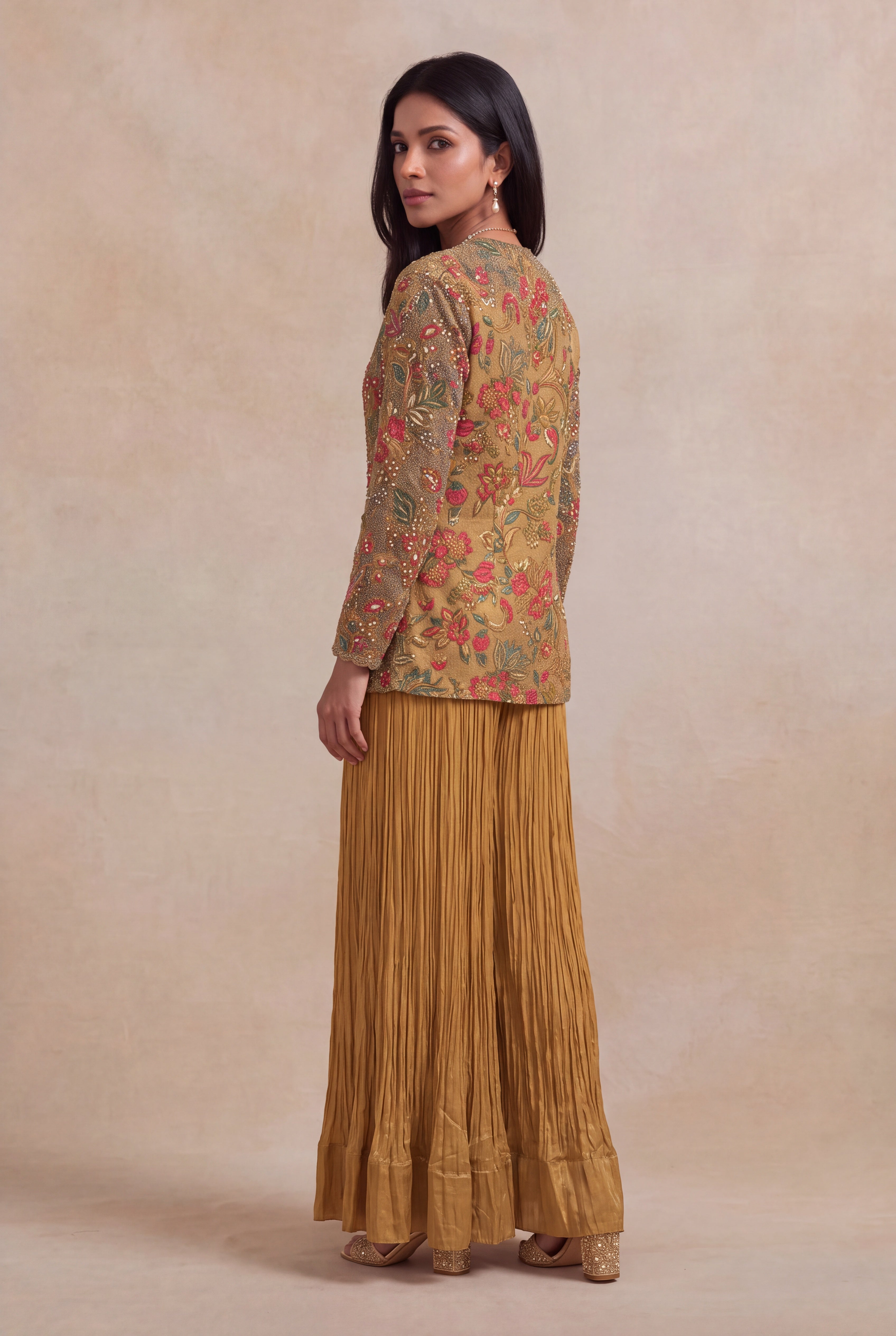 Mustard Yellow Printed Co-ord Set with Metallic Thread Embroidery