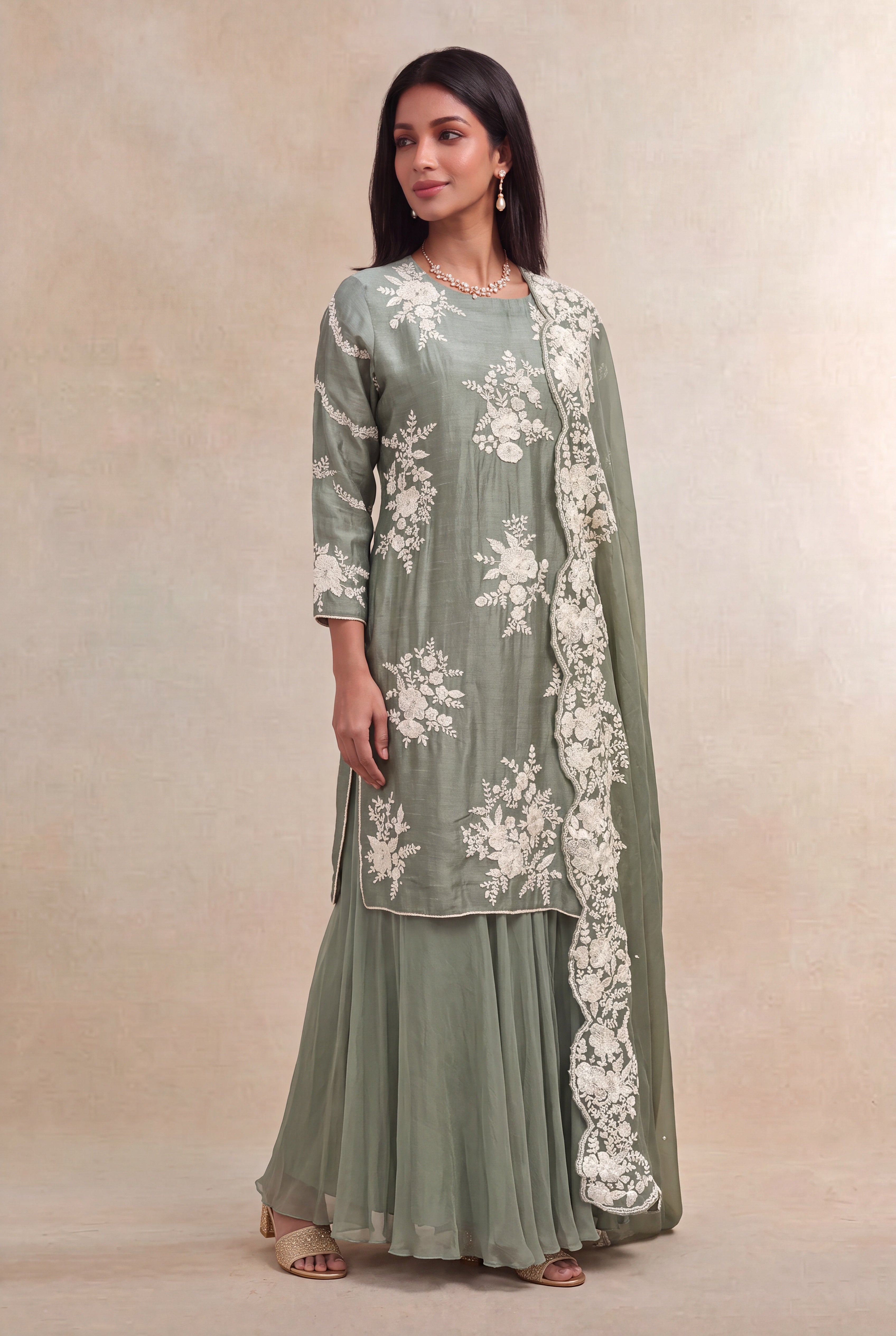 Sage Green Raw Silk Sharara Set with Pearl Embroidery