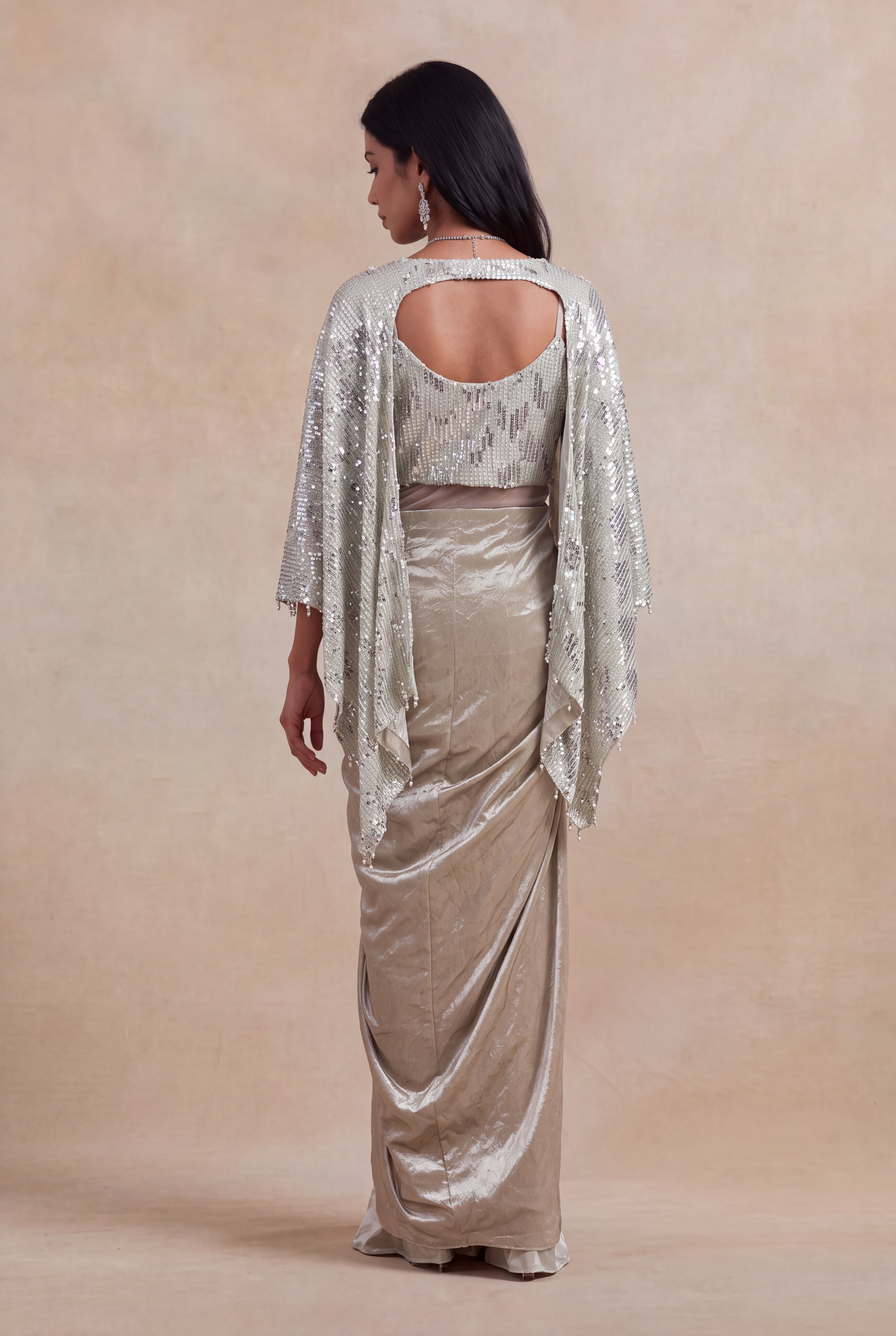 Champagne Silver Sequin & Pearl Draped Gown