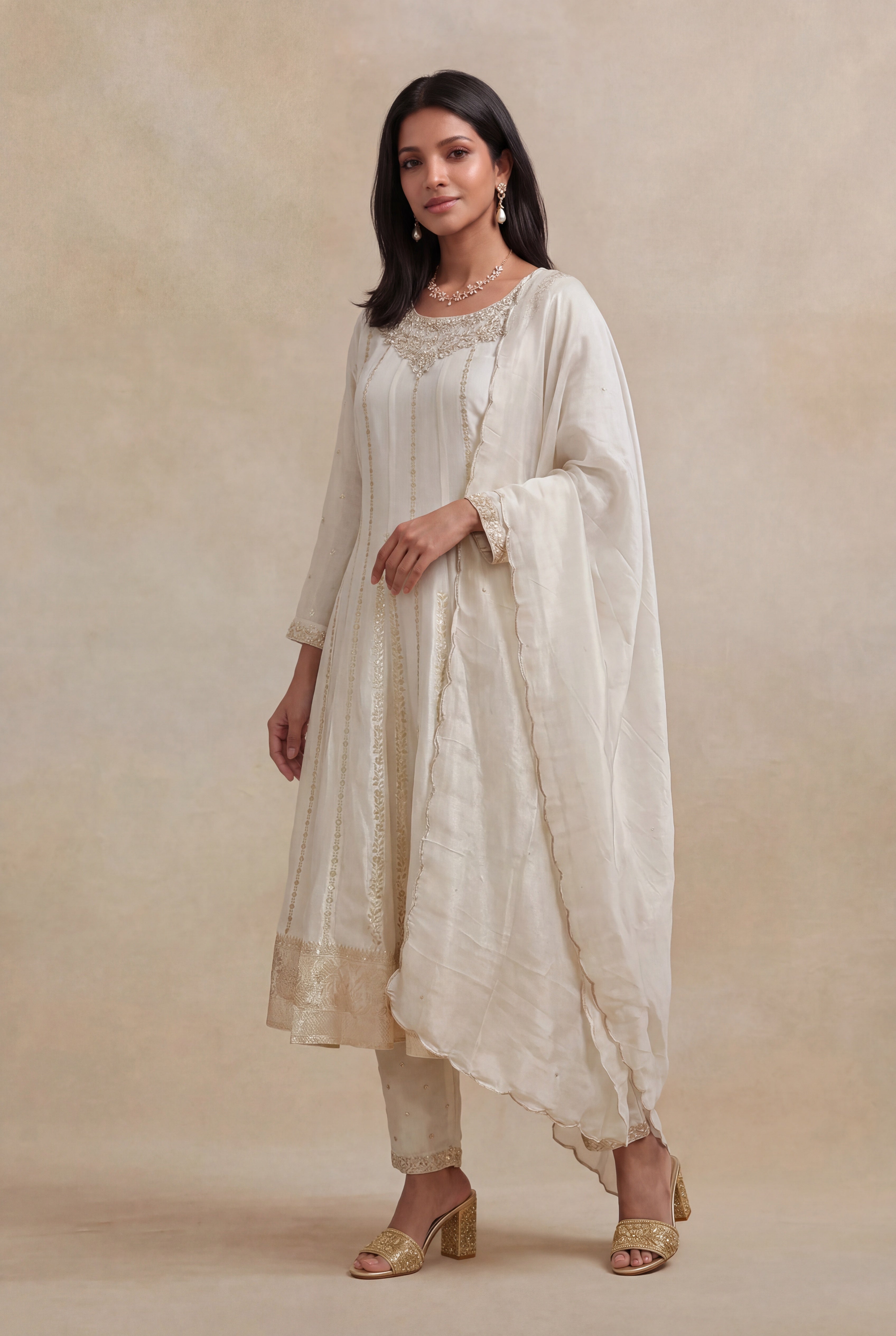 Ivory Tissue Silk Banarasi Anarkali Set