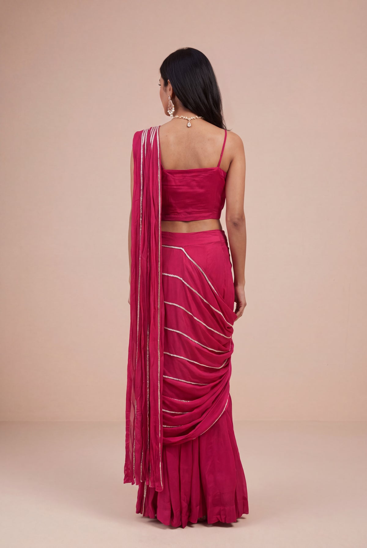 Rani Pink Chinon Crepe Draped Saree