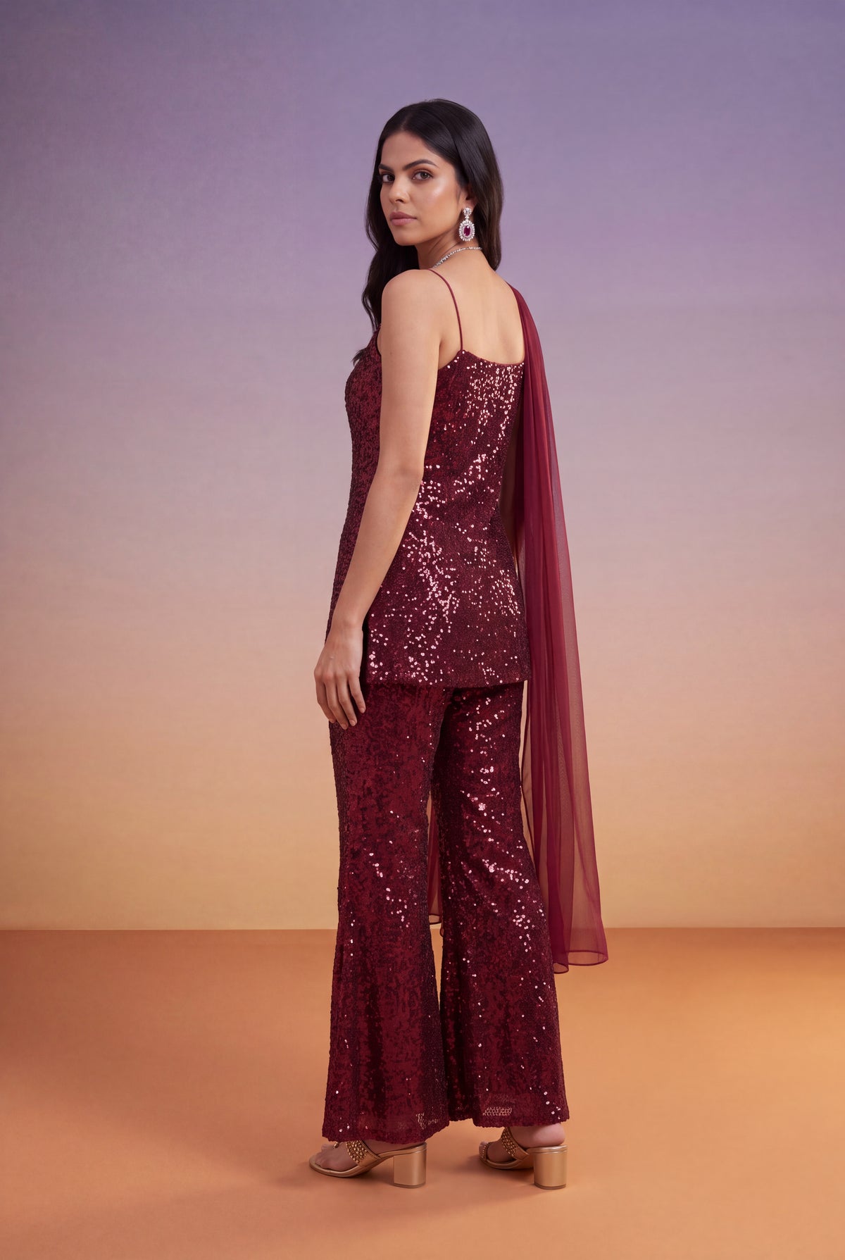Wine Sequin Indo-Western Palazzo Set with Dupatta