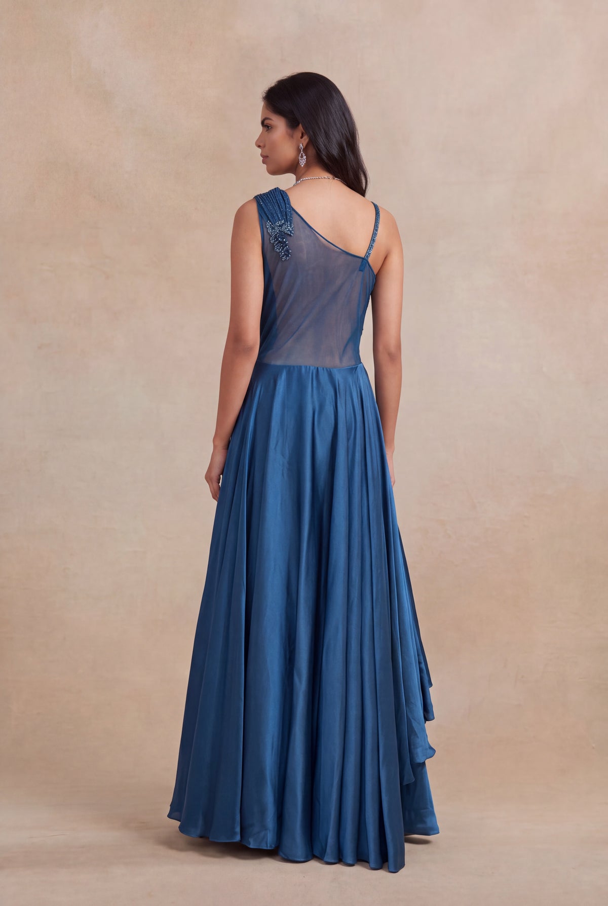 Blue Draped Katdana & Stone Work Designer Gown