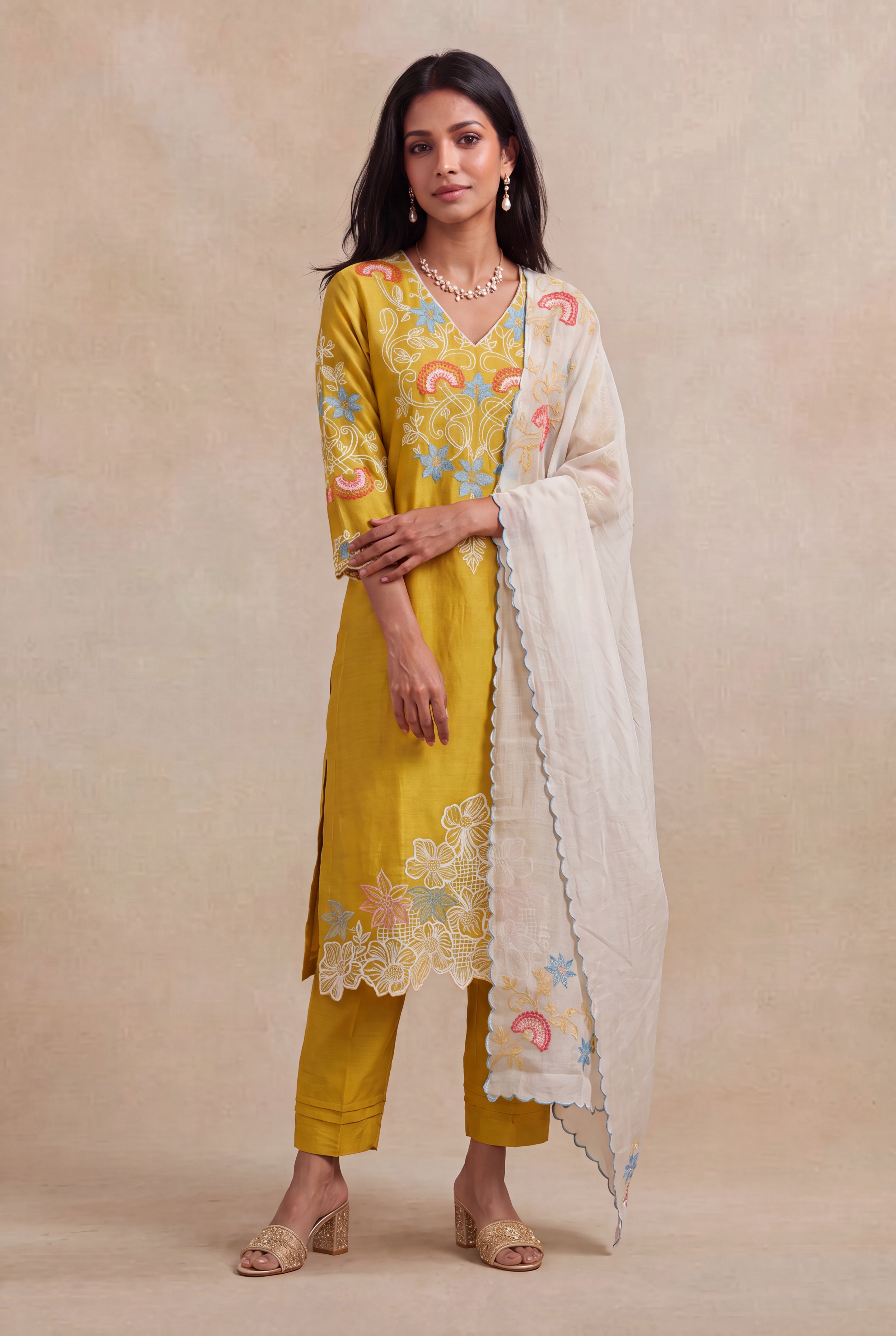 Mustard Yellow Chanderi Cotton Embroidered Salwar Set