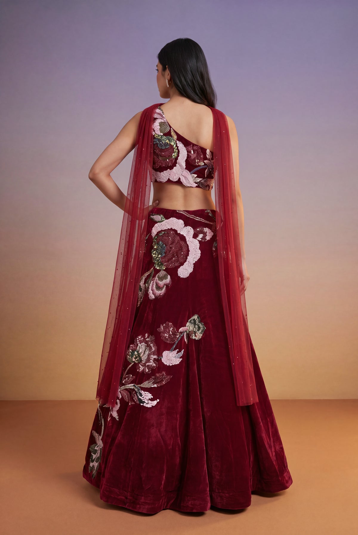 Cherry Red Velvet Lehenga Set with Cutdana and Pearl Embroidery