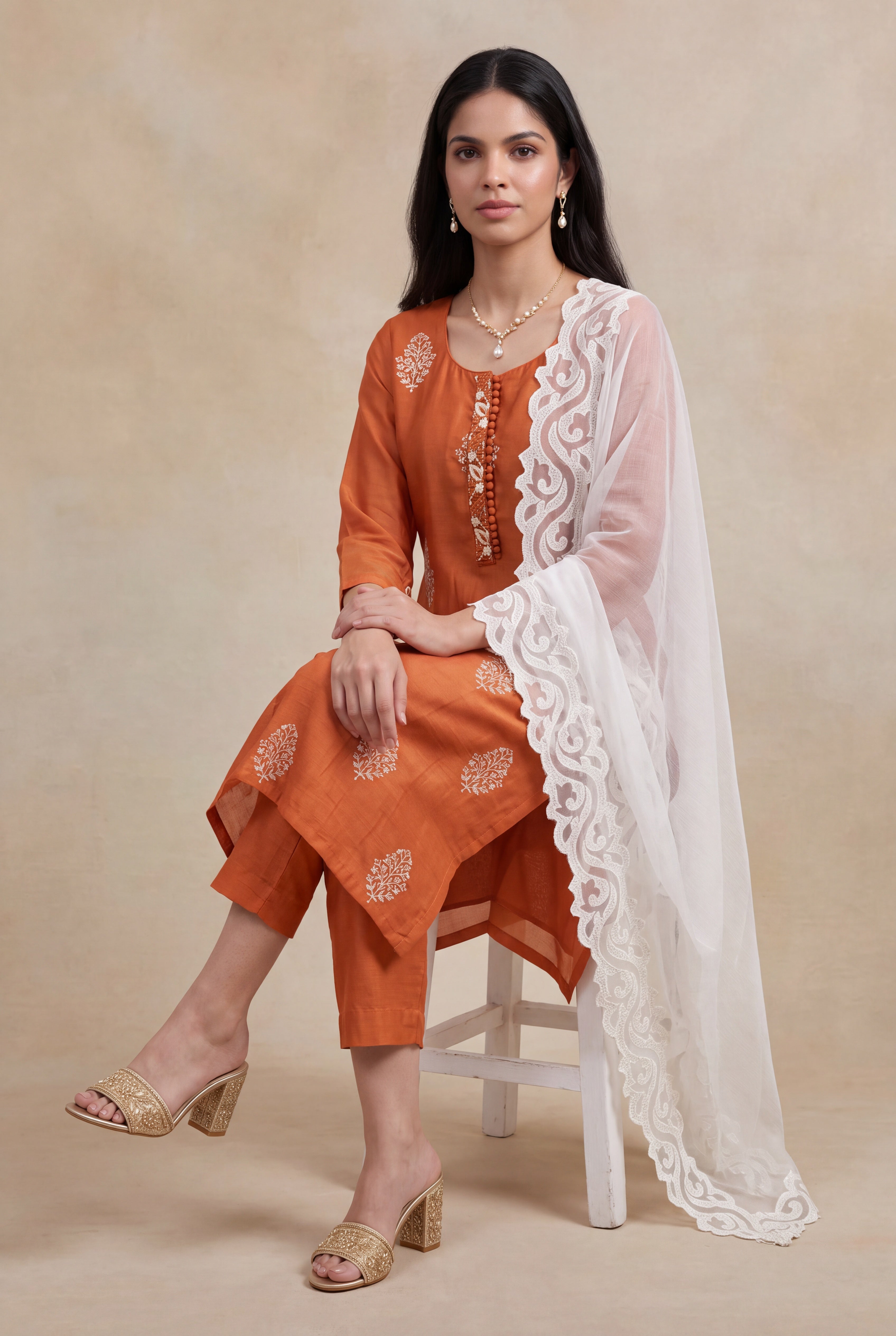 Rust Orange Mul Cotton Straight-Cut Salwar Set