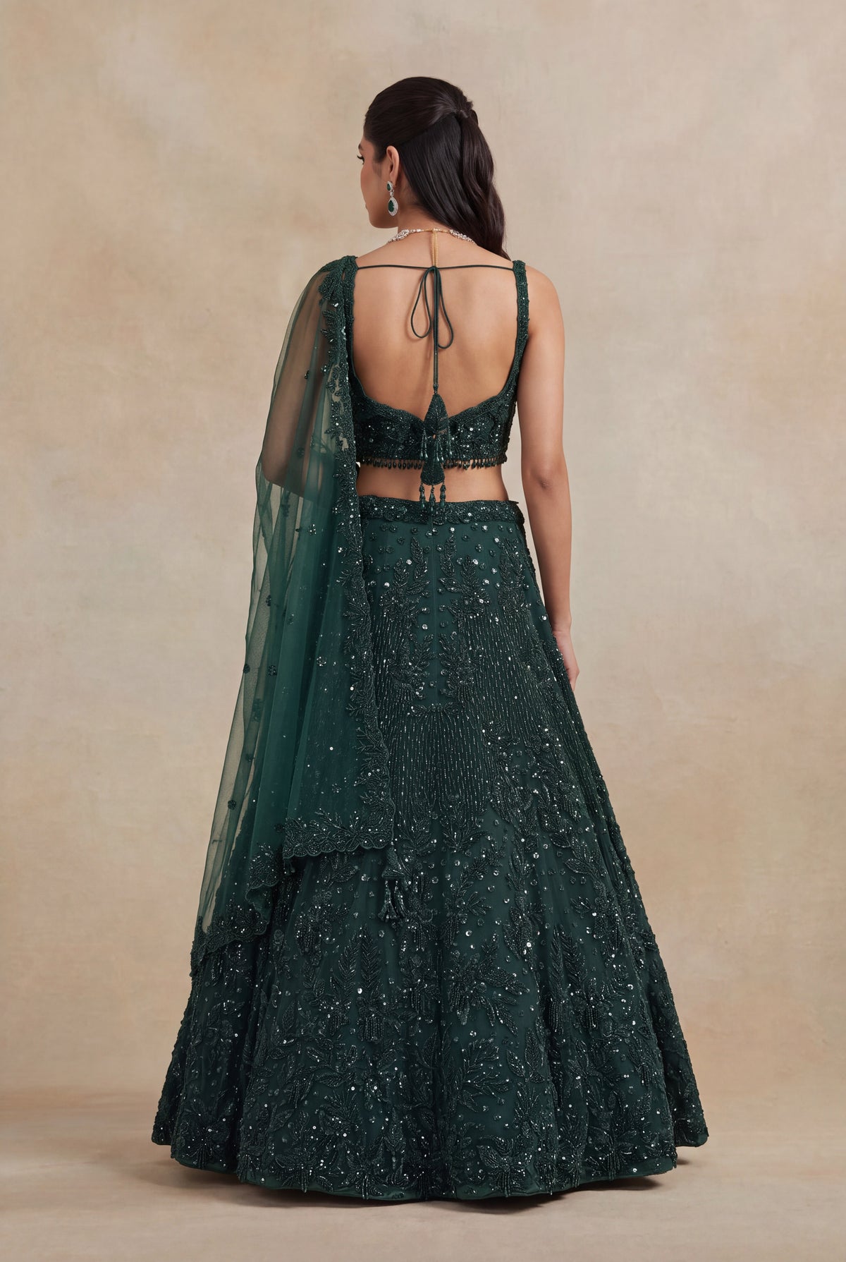 Bottle Green Net Lehenga with Sequin & Beadwork