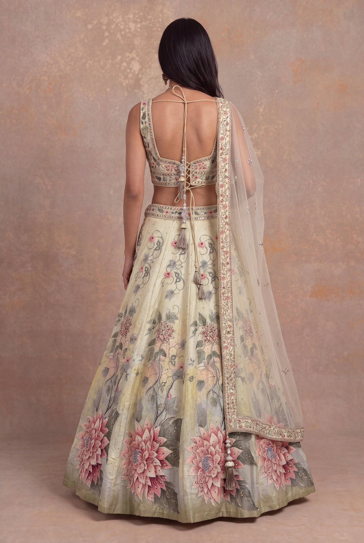 Pista Green Peacock & Floral Silk Lehenga