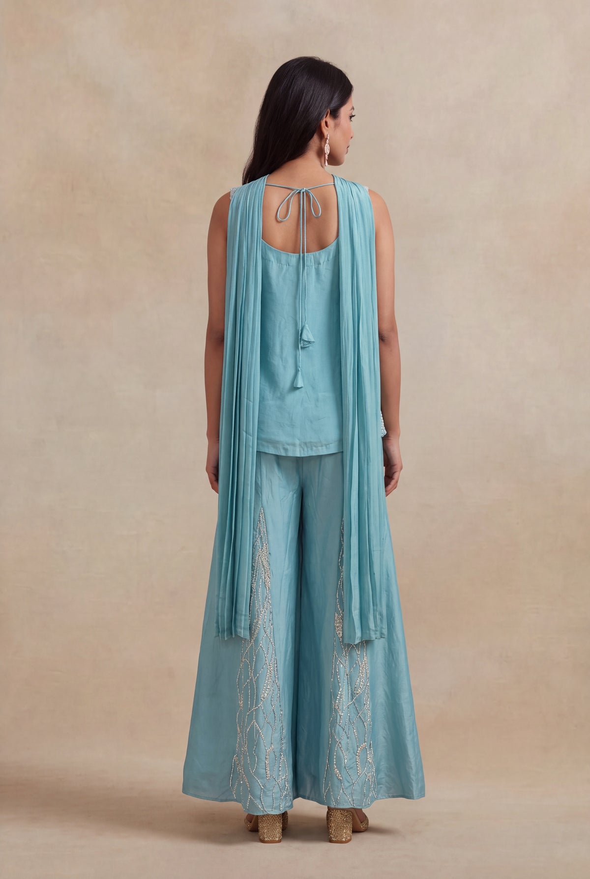 Powder Blue Crepe Palazzo Set with Sequins & Katdana Work