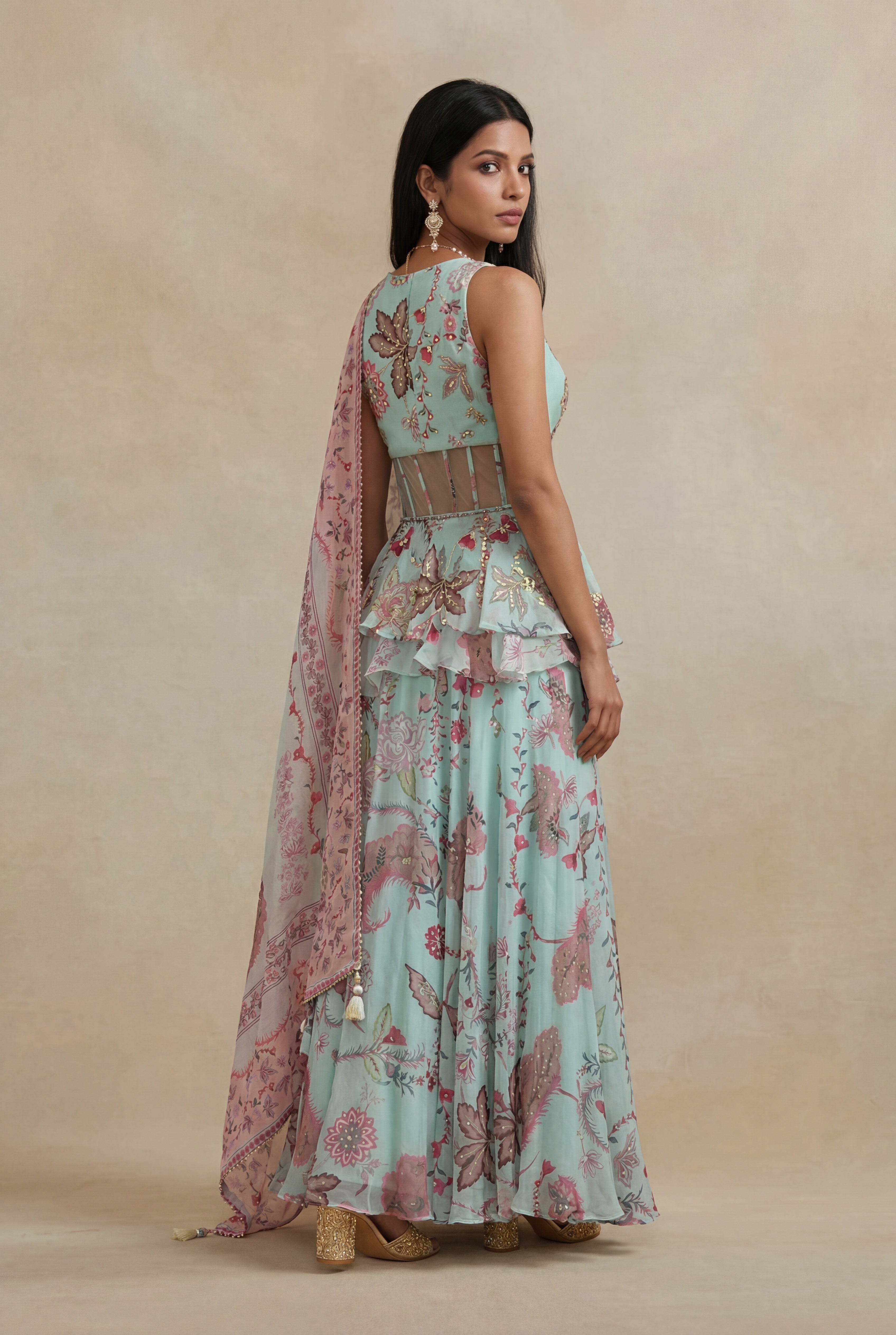 Pastel Mint Organza Printed Indo-Western Skirt Set