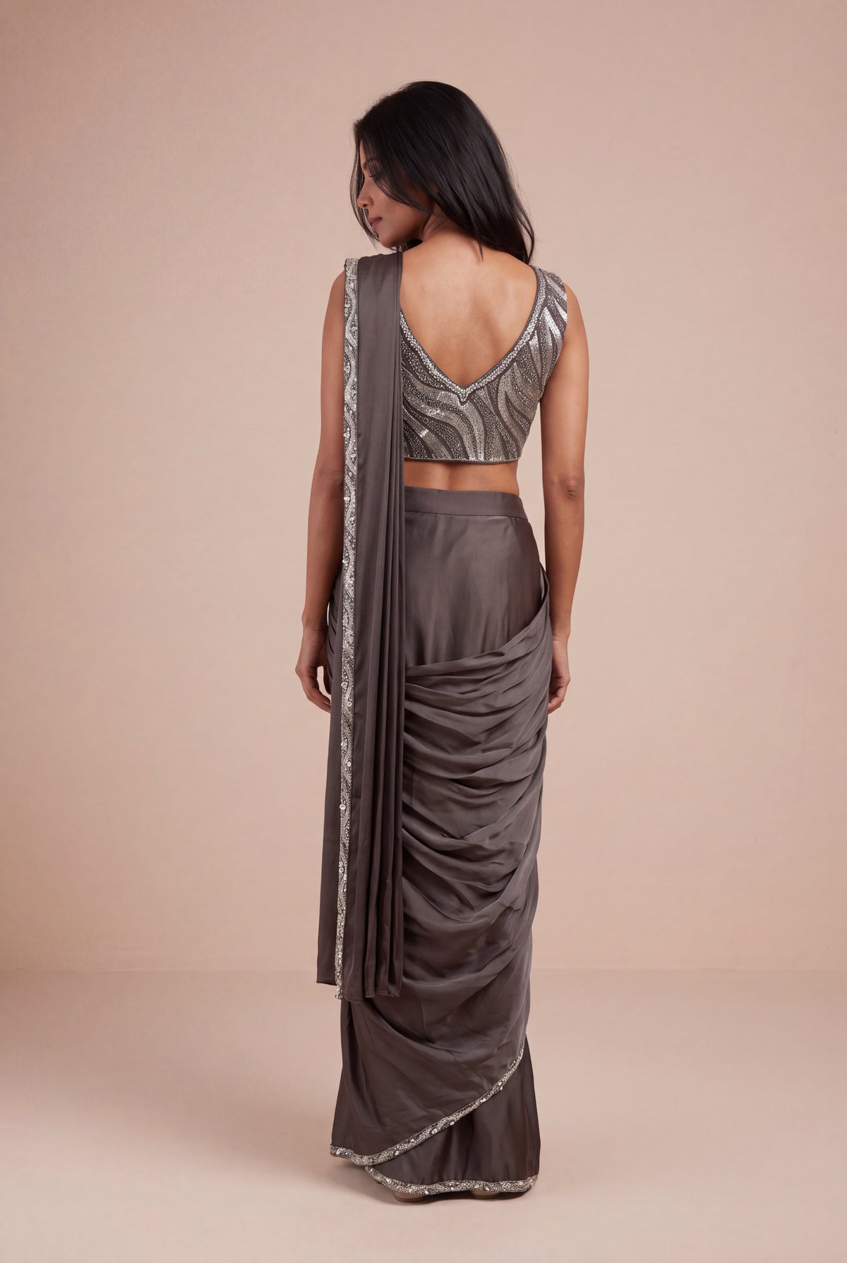 Charcoal Grey Satin Silk Pre-Draped Saree