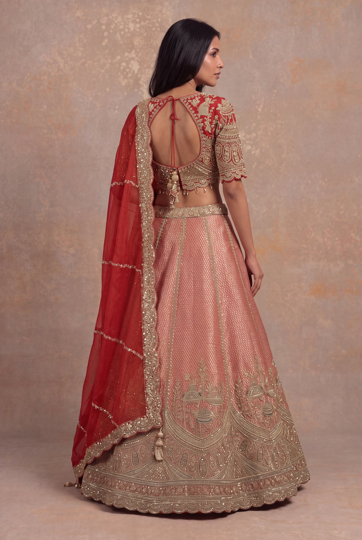 Rust Orange Banarasi Tissue Lehenga Set with Zardozi Embroidery