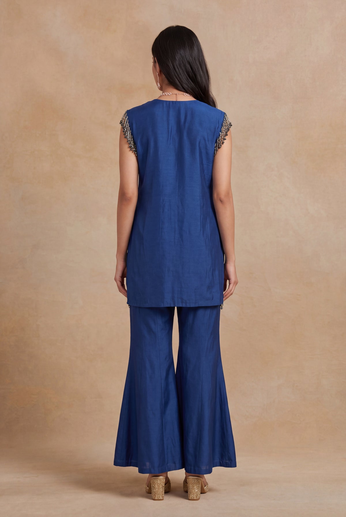 Royal Blue Raw Silk Indo-Western Set with Zardosi Work - Mokshaa