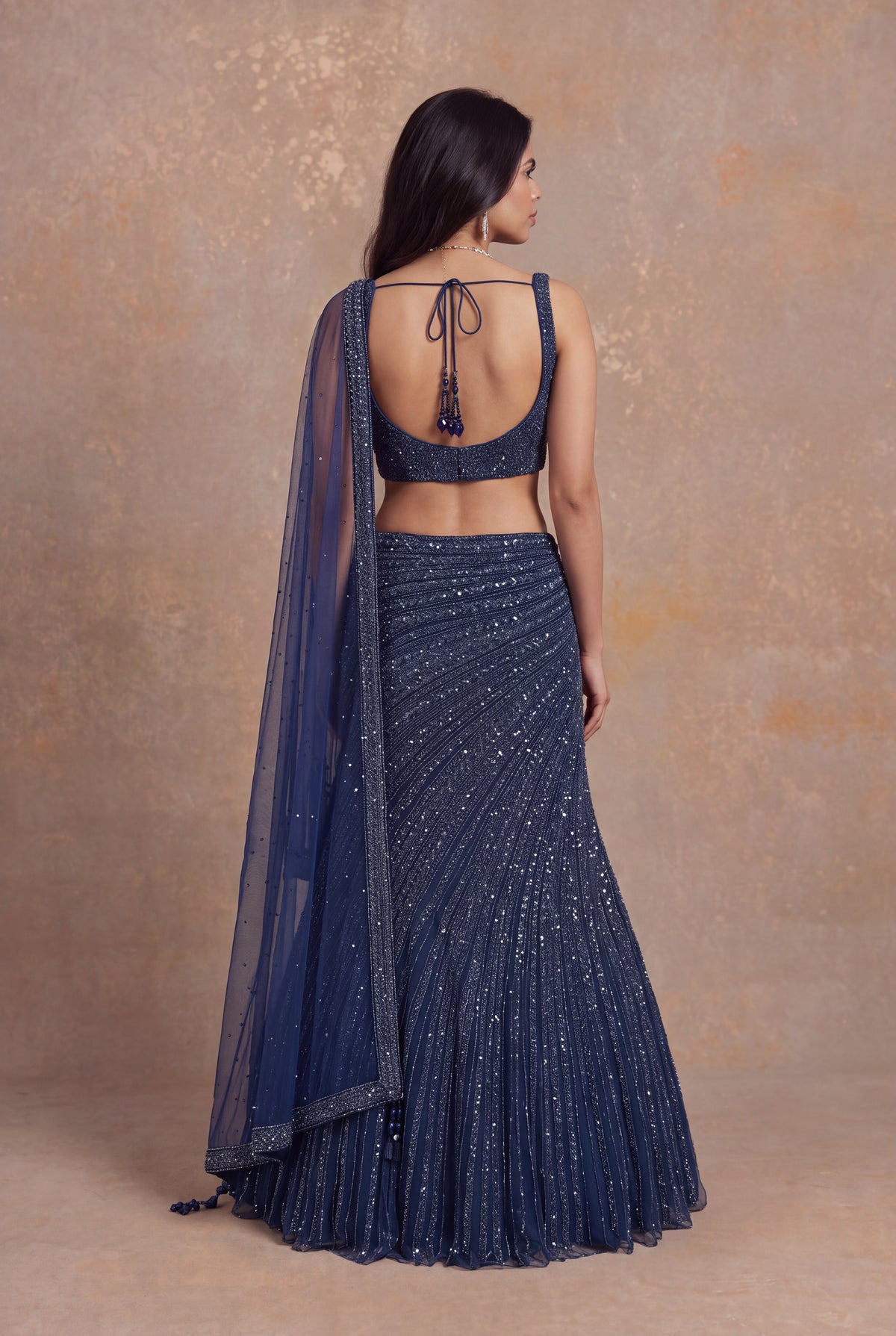Navy Blue Fish Cut Net Lehenga