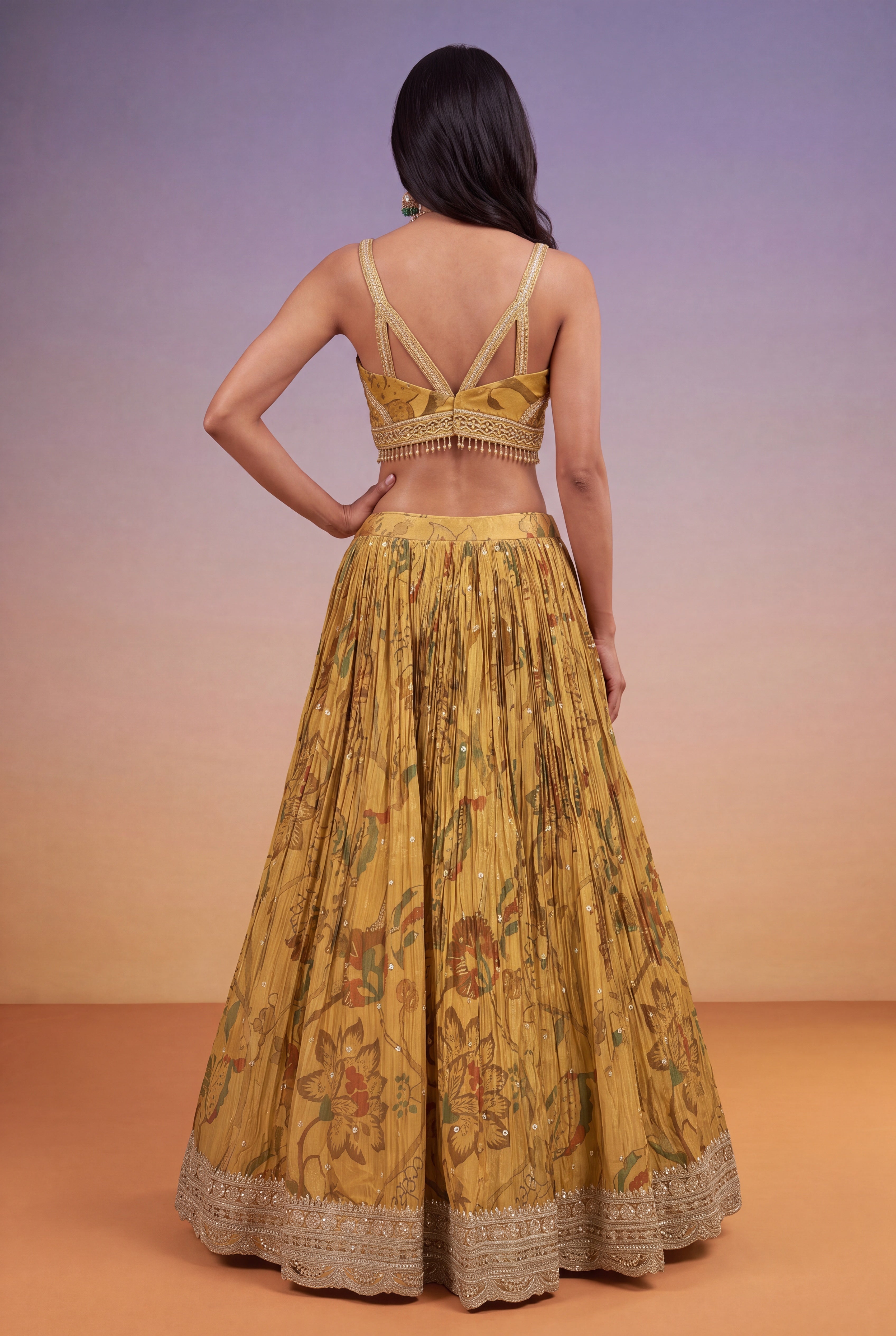 Mustard Gold Tissue Lehenga with Printed Florals & Zari Work