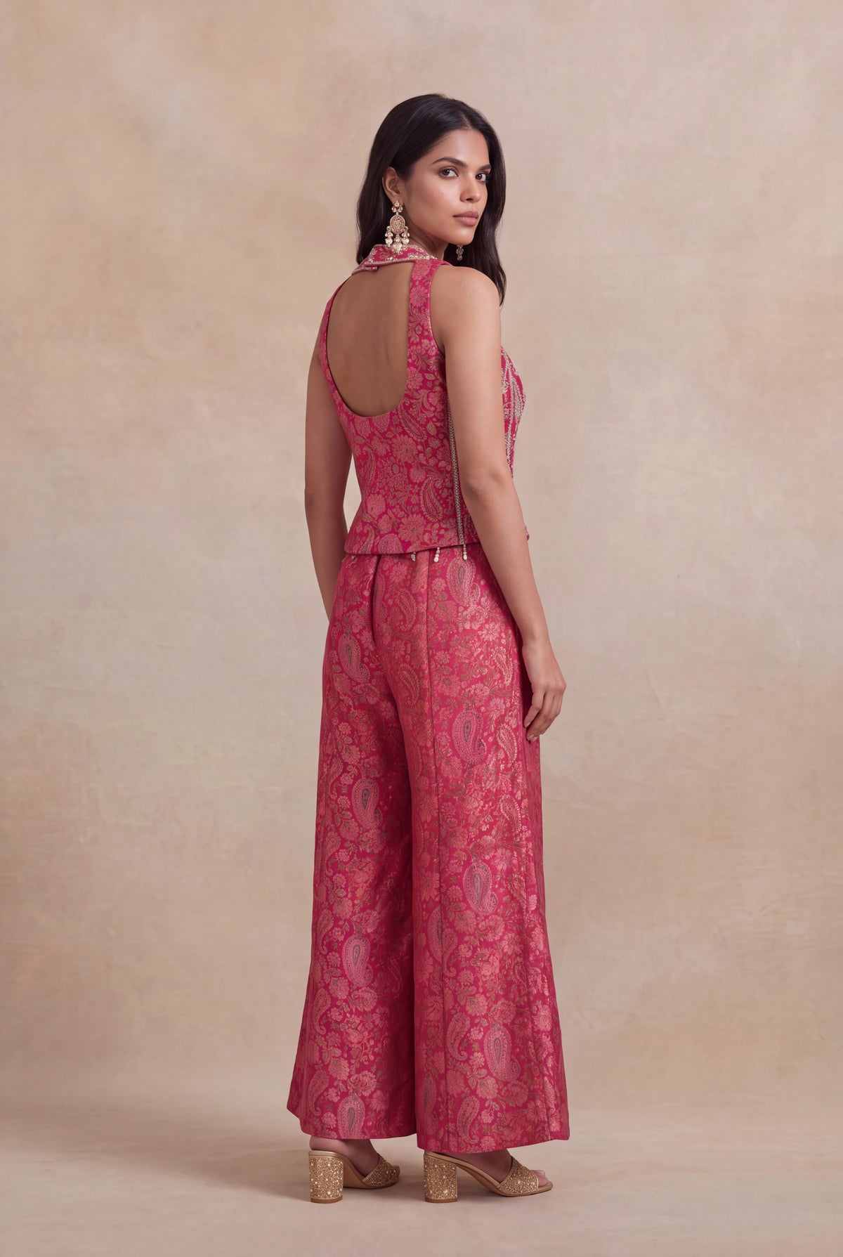 Pink Banarasi Indo-Western Palazzo Set with Embellished Corset