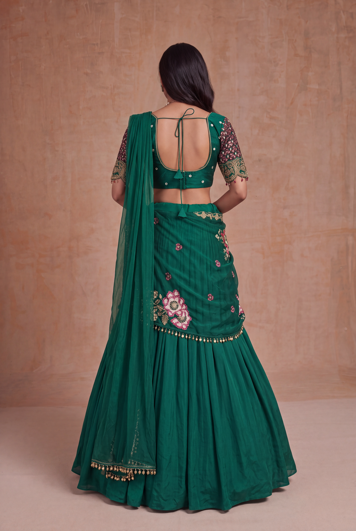 Emerald Green Draped Silk Lehenga set