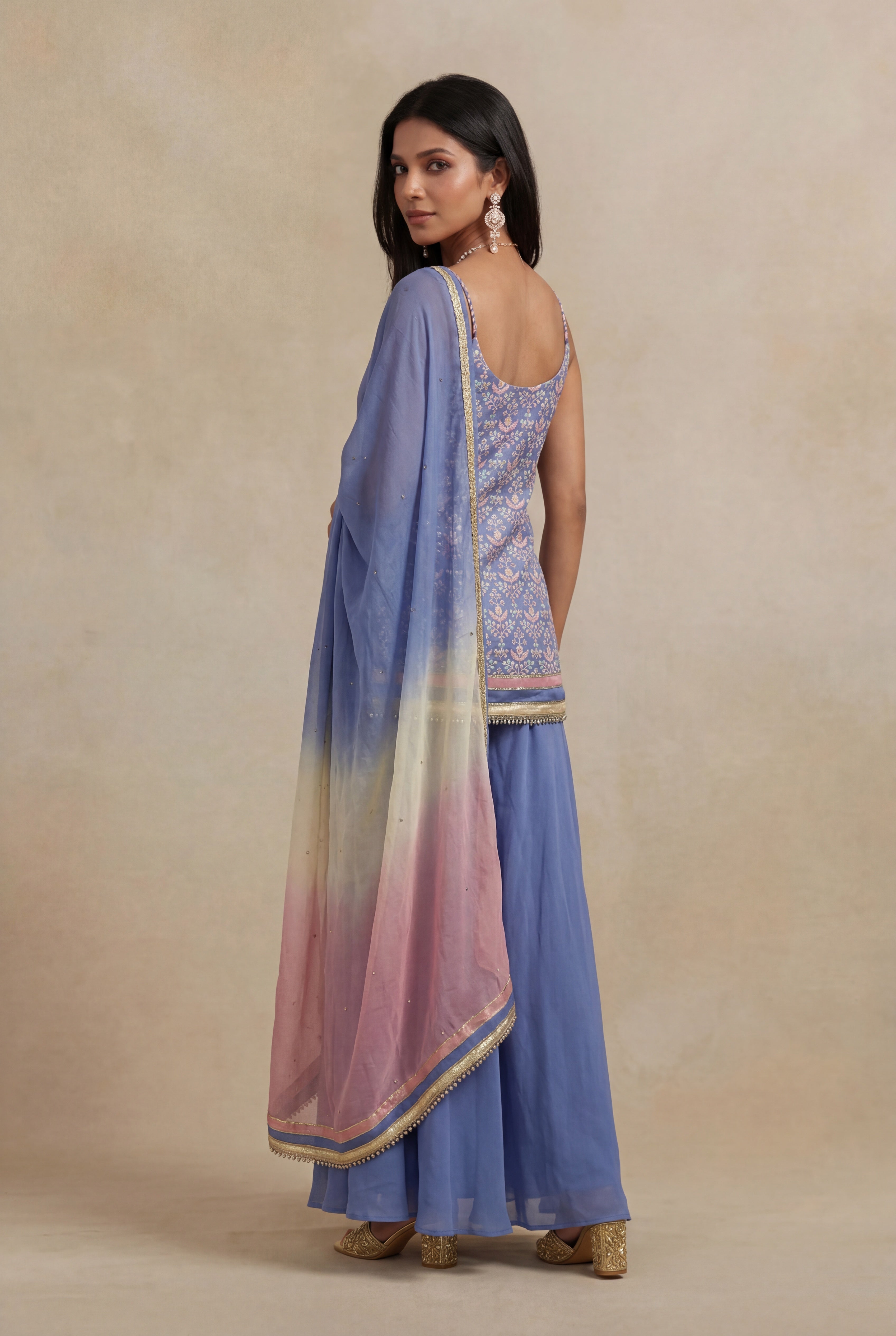 Periwinkle Blue Silk Mirror Work Indo Western Set