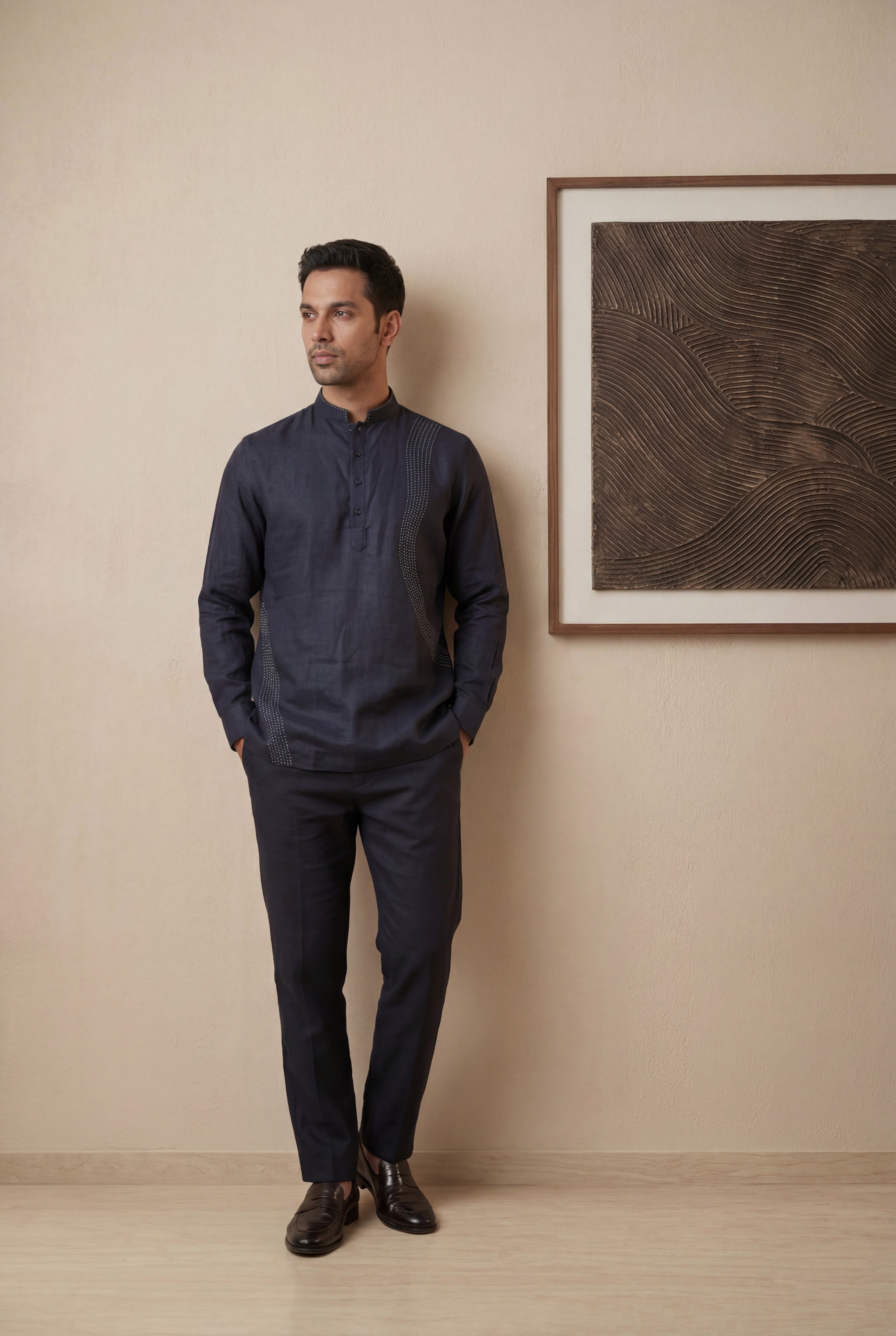 Navy Blue Linen Chinese Collar Short Kurta