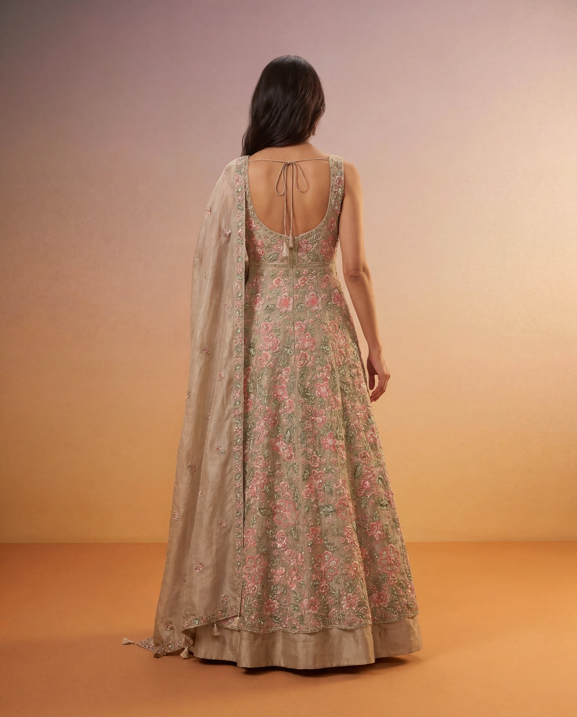 Champagne Beige Tissue Silk Indo-Western Lehenga