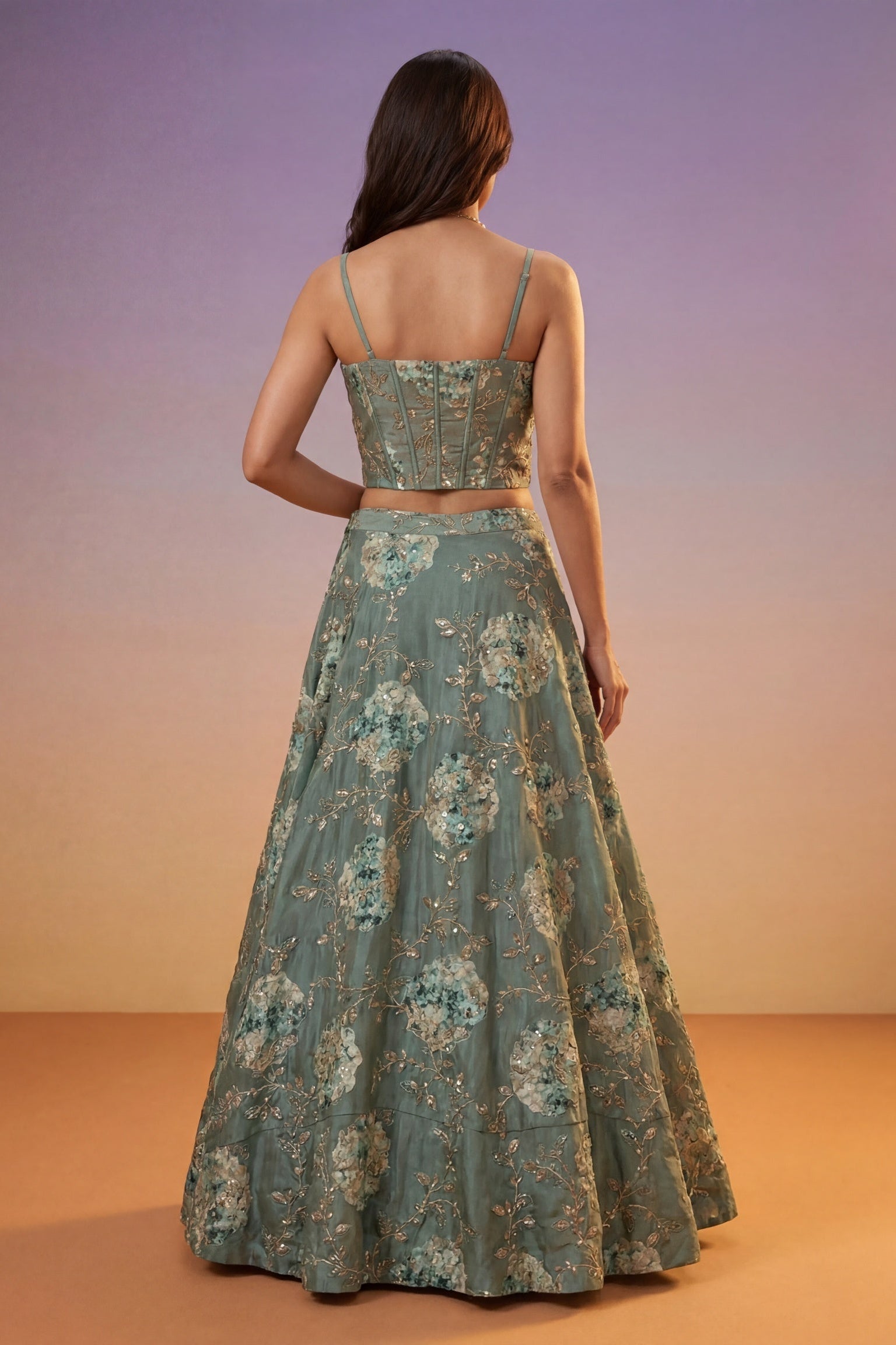 Sage Green Tissue Silk Corset Lehenga set