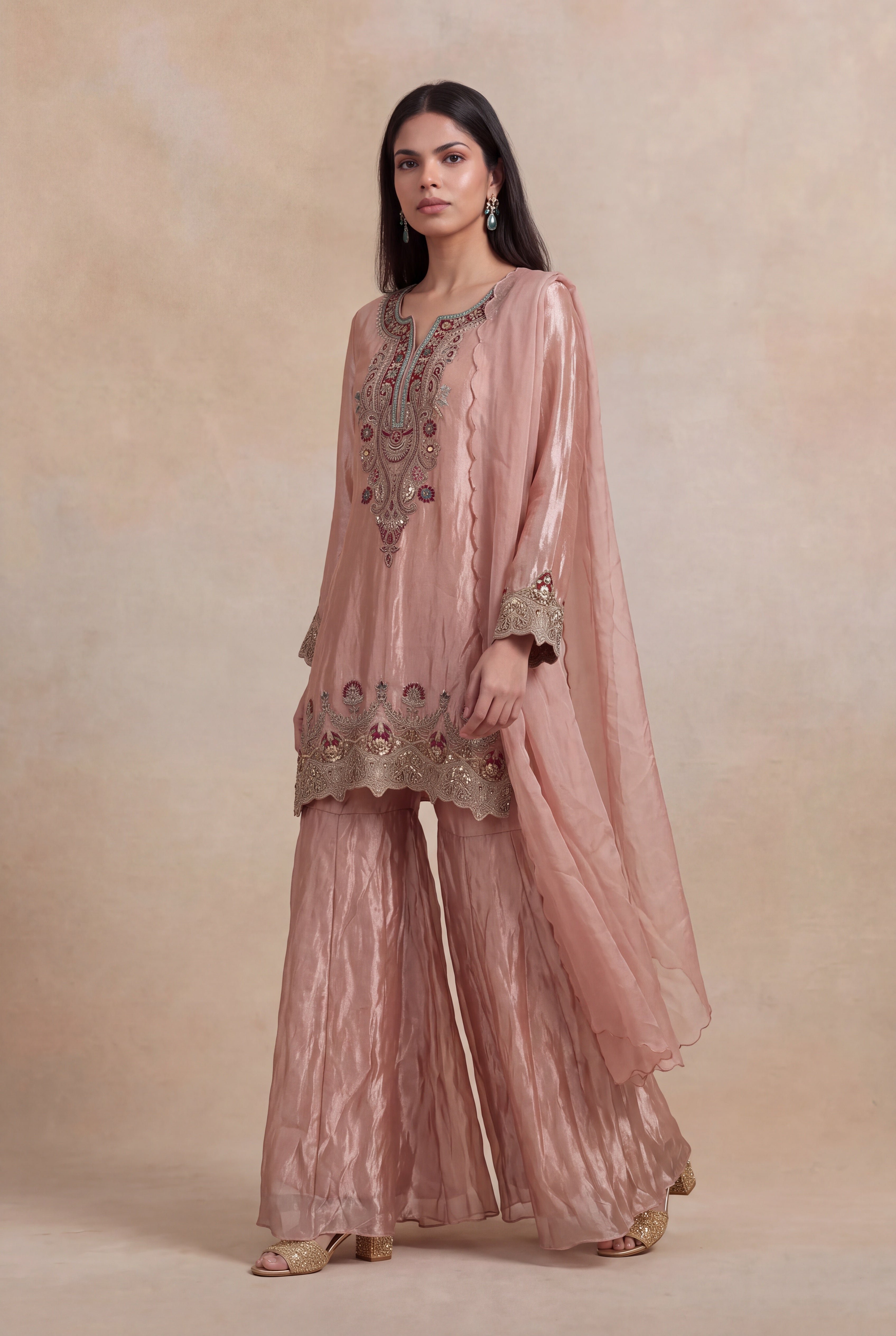 Blush Pink Tissue Sharara Set with Zardosi & Kundan Work