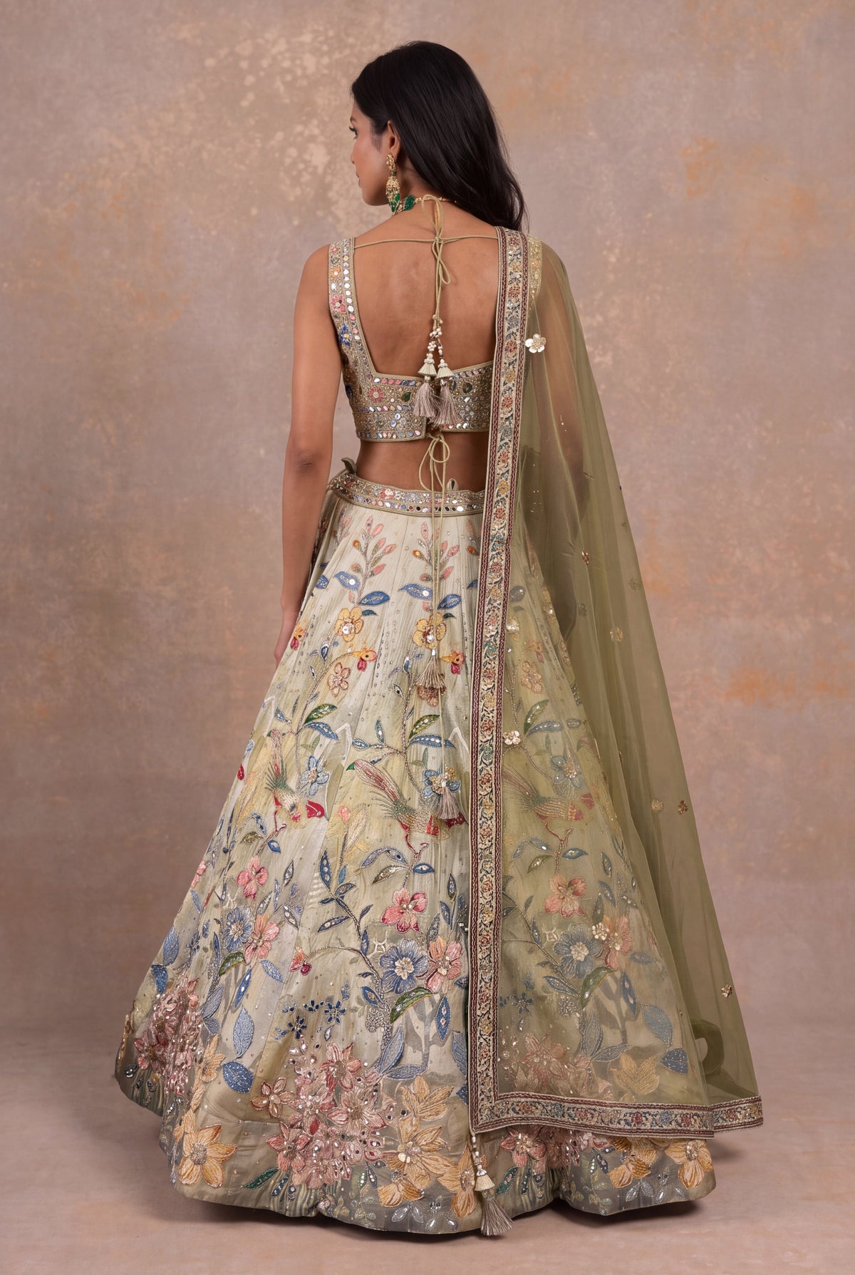 Pista Green Silk Floral Embroidered Lehenga