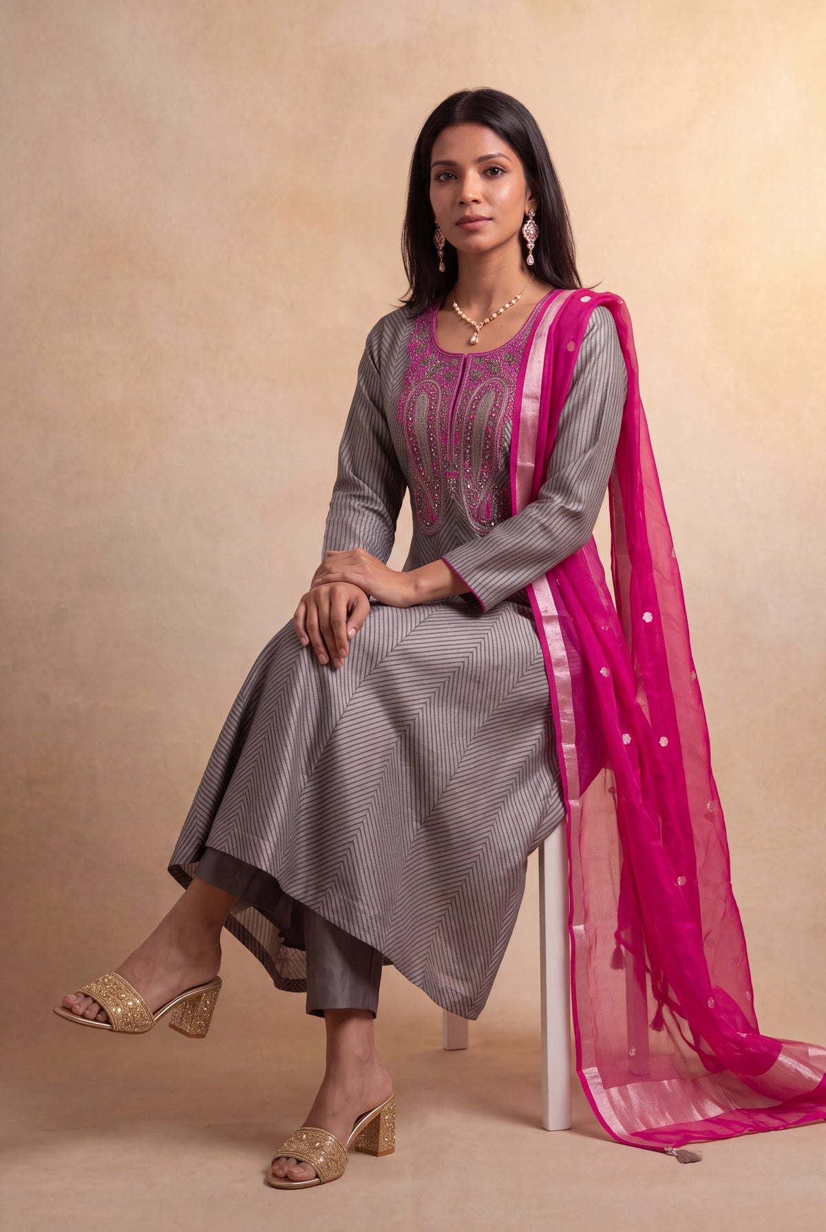 Grey Silk Anarkali Set